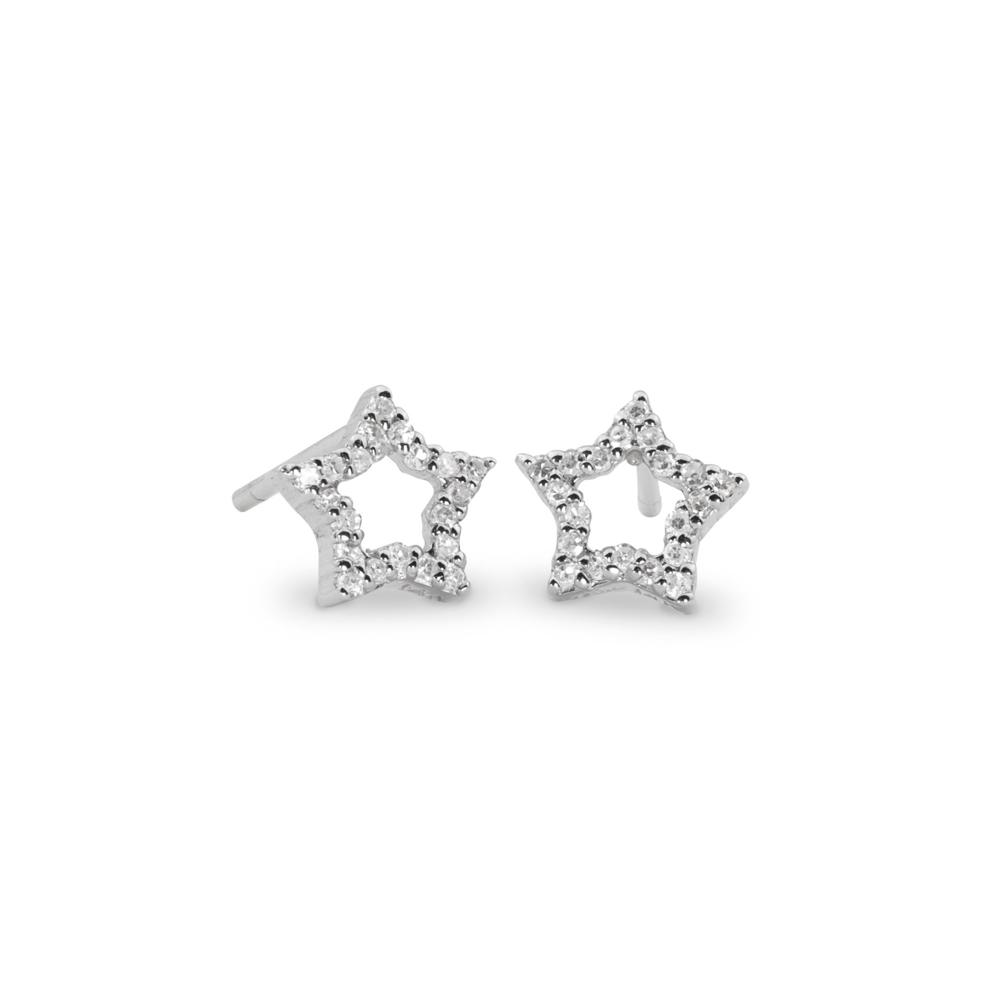 14k white gold open star post earrings with pave set white diamonds on white background
