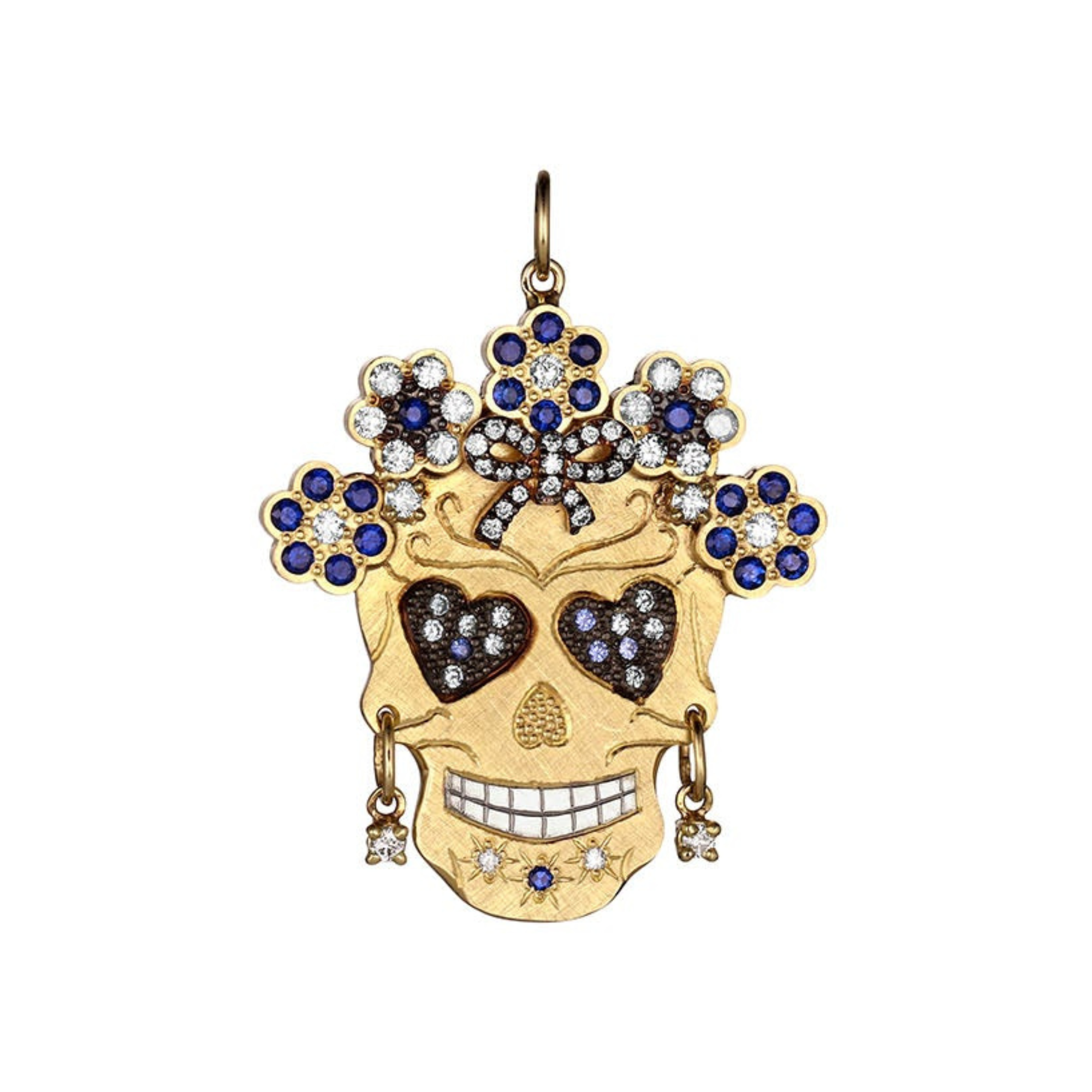 Intricate Diamond & Sapphire Flower Halo Sugar Skull Pendant  | Statement | 14K Gold | Style Estelle