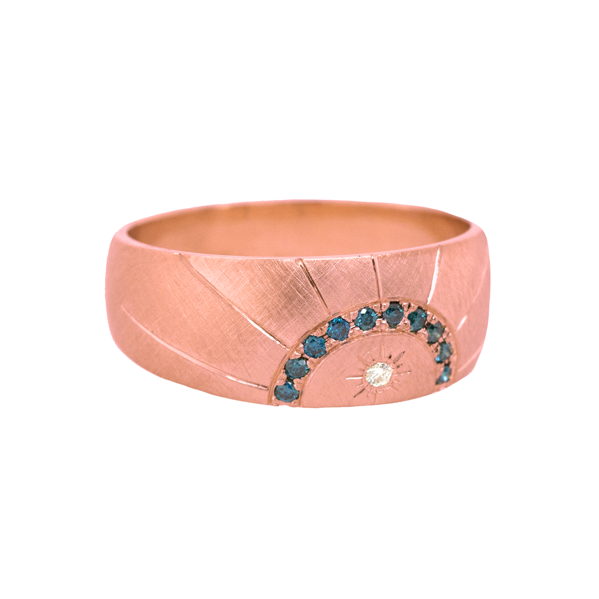 14k rose gold wide band ring with hand etched sunburst and teal and white diamonds on white background