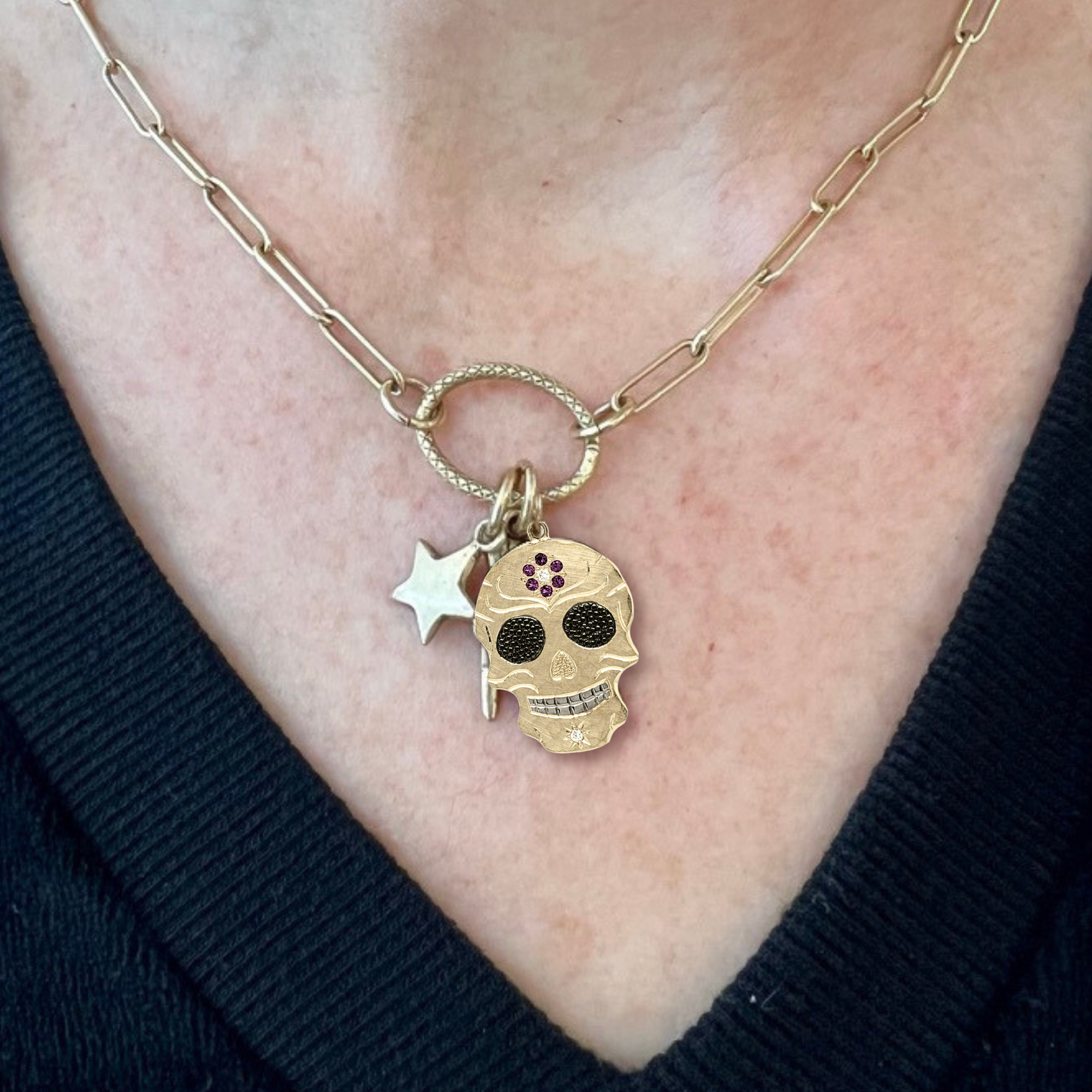 Gemstone Flower & Diamond Sugar Skull Pendant | Customizable | Small | 14K Gold | Style Elena