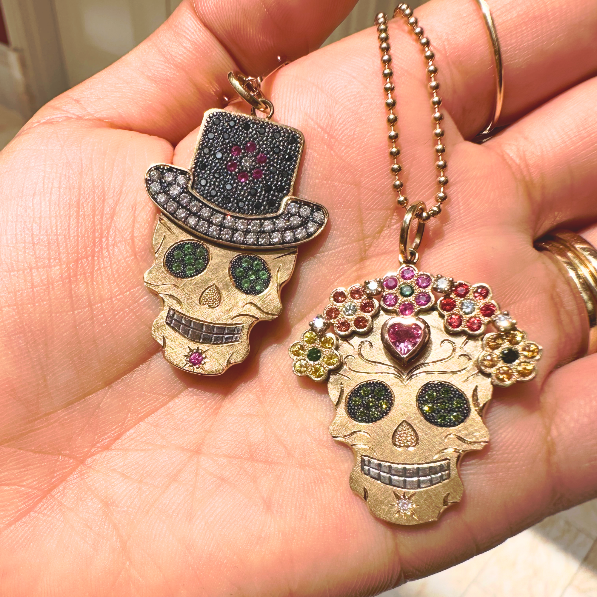 Intricate Sapphire Flower Halo Sugar Skull Pendant | Statement  | 14K Gold | Style Mi Amor