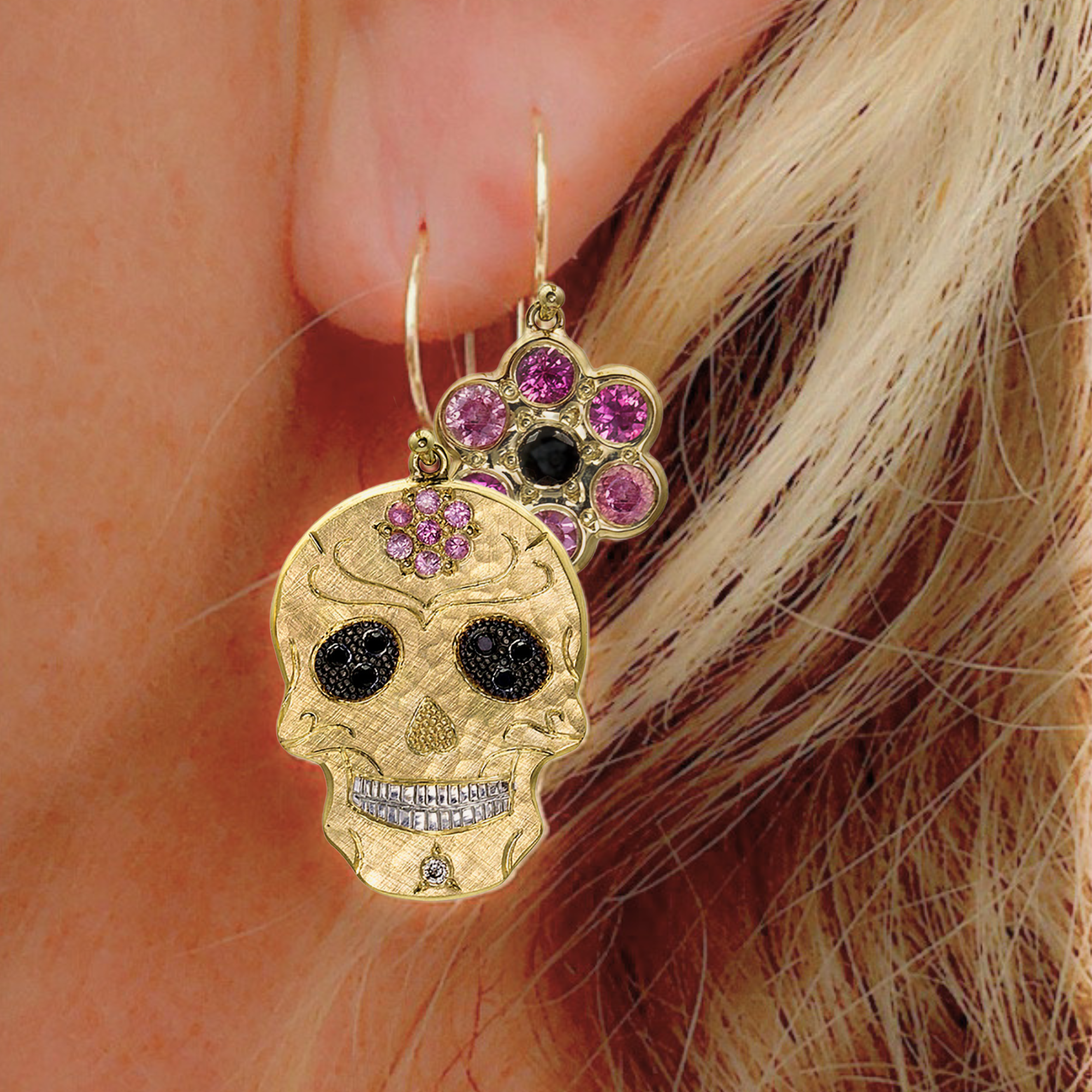 Skull & Flower Earrings with Pink Sapphire & Black Diamond | 14k Gold | Style Julietta