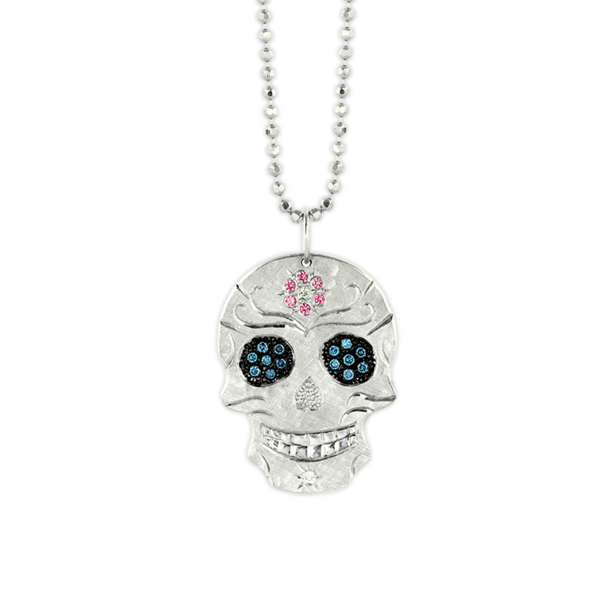 Diamond Eyes & Gemstone Flower Sugar Skull Pendant | Customizable | Medium | 14K Gold | Style Paloma