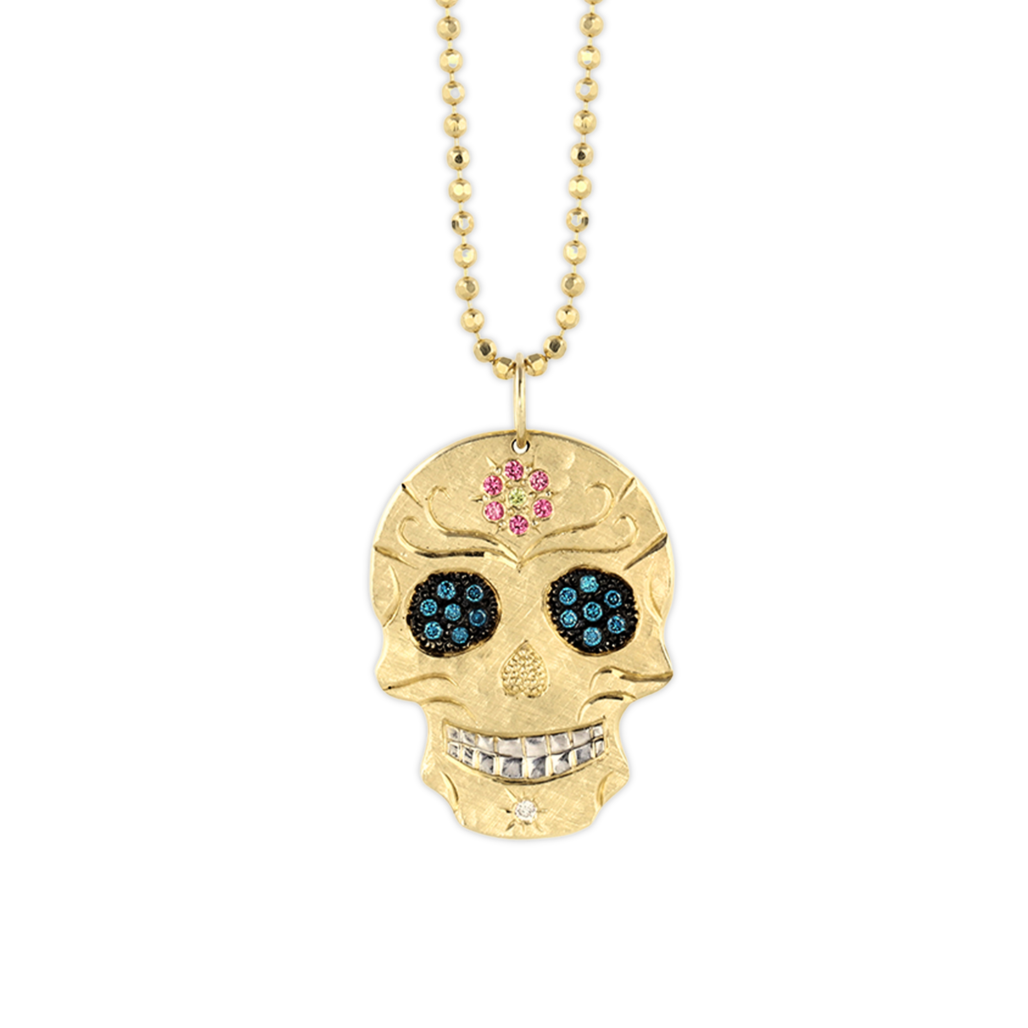 Diamond Eyes & Gemstone Flower Sugar Skull Pendant | Customizable | Medium | 14K Gold | Style Paloma