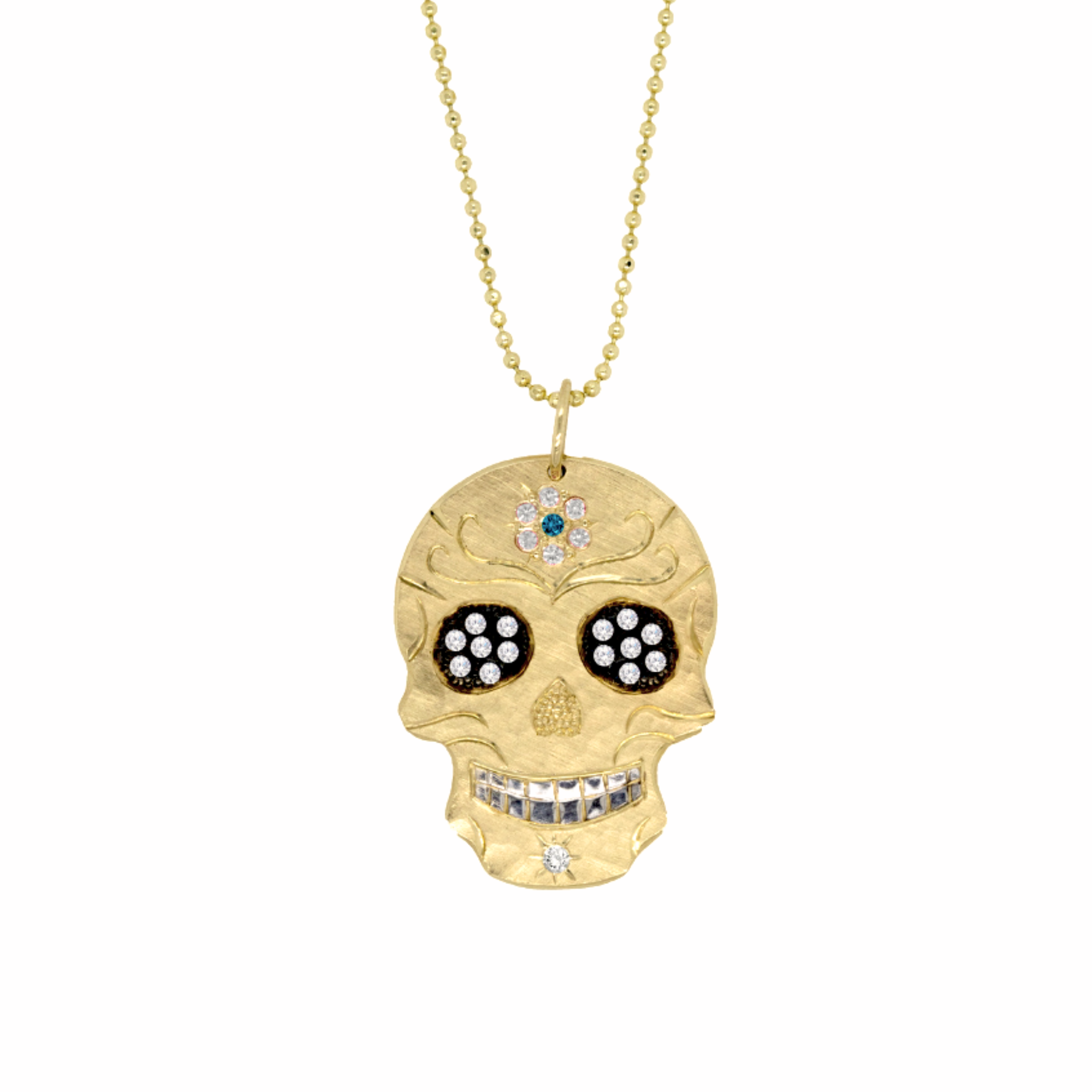 Diamond Eyes & Gemstone Flower Sugar Skull Pendant | Customizable | Medium | 14K Gold | Style Paloma