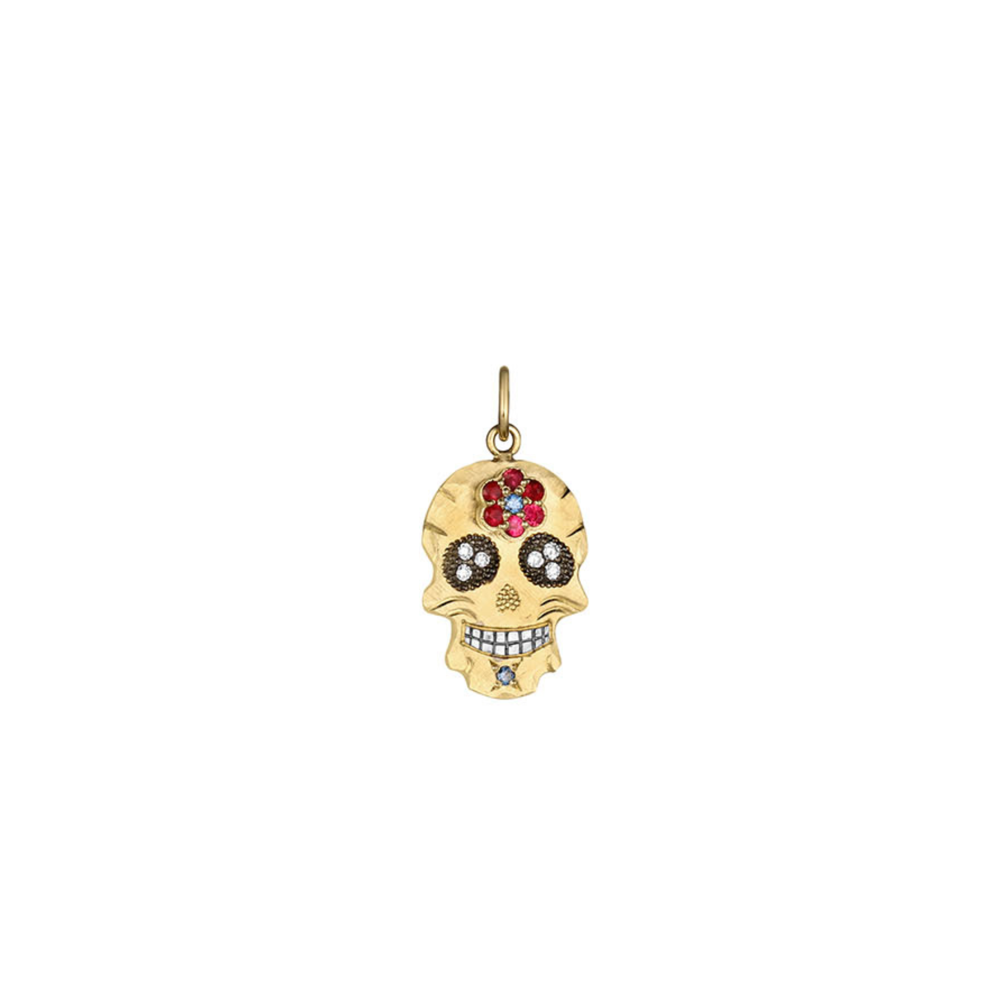 Sapphire Flower & Diamond Sugar Skull Pendant | Customizable | Petite | 14K Gold | Style Dahlia