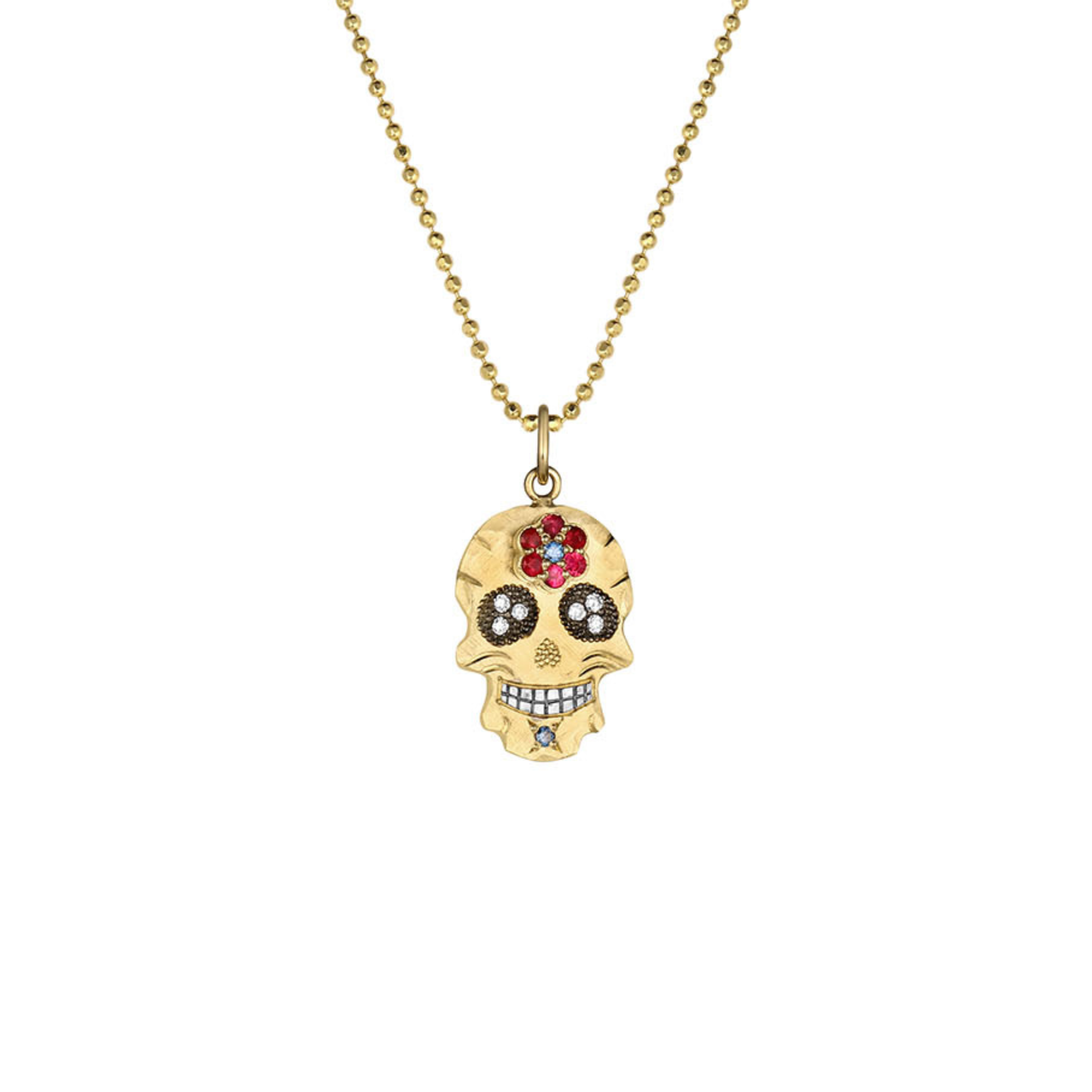 Sapphire Flower & Diamond Sugar Skull Pendant | Customizable | Petite | 14K Gold | Style Dahlia