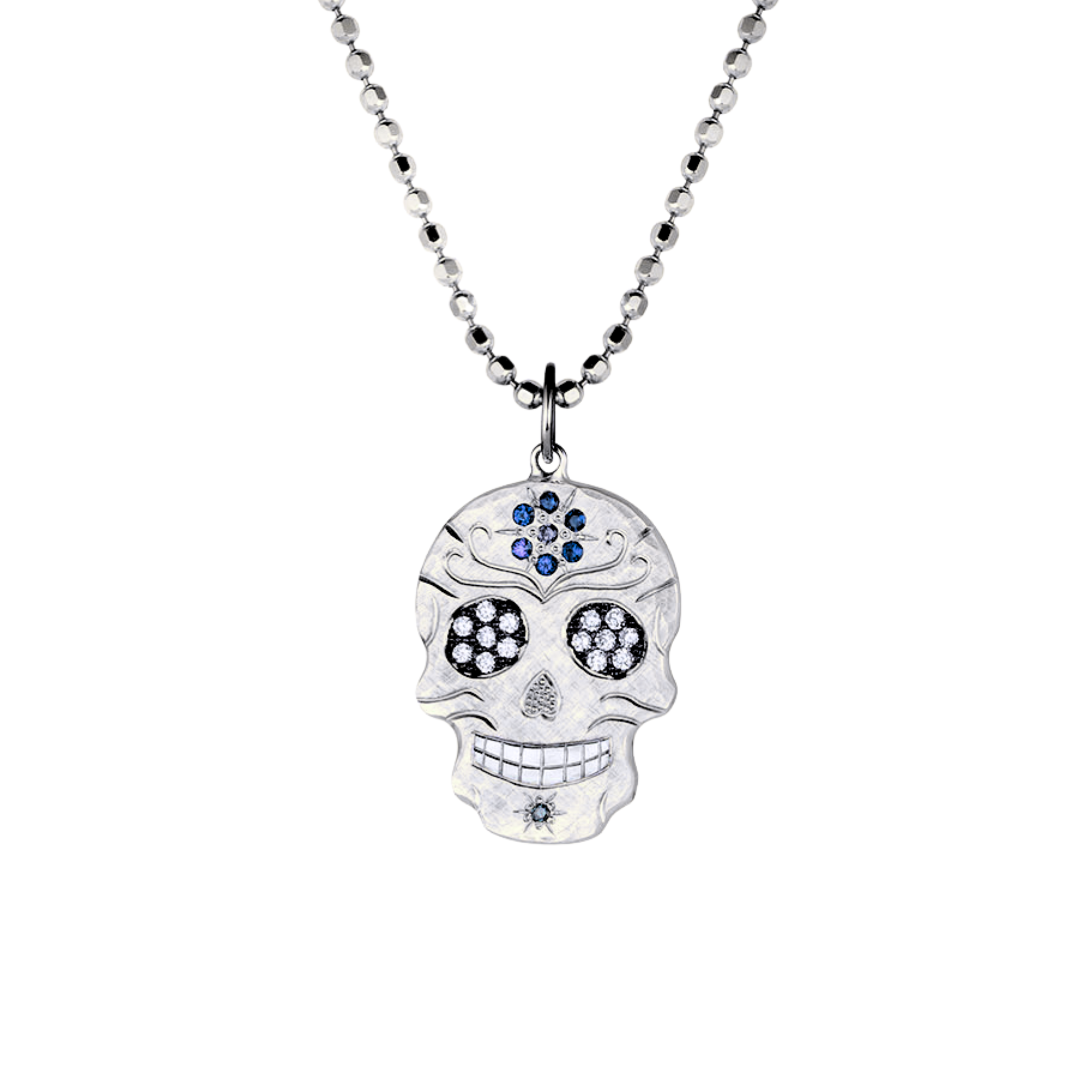Diamond & Sapphire Flower Sugar Skull Pendant | Customizable | Small | 14K Gold | Style Maria