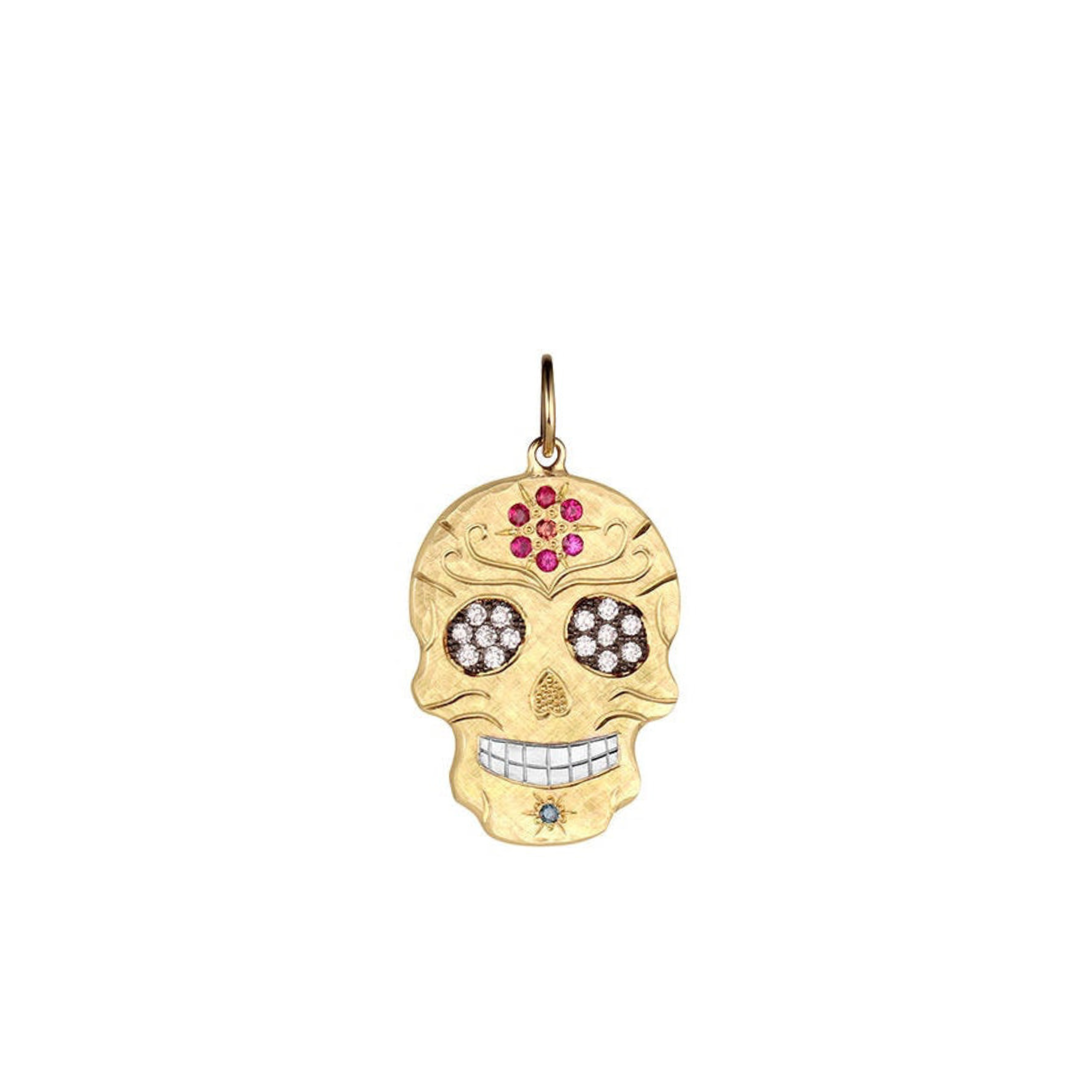 Diamond & Sapphire Flower Sugar Skull Pendant | Customizable | Small | 14K Gold | Style Maria