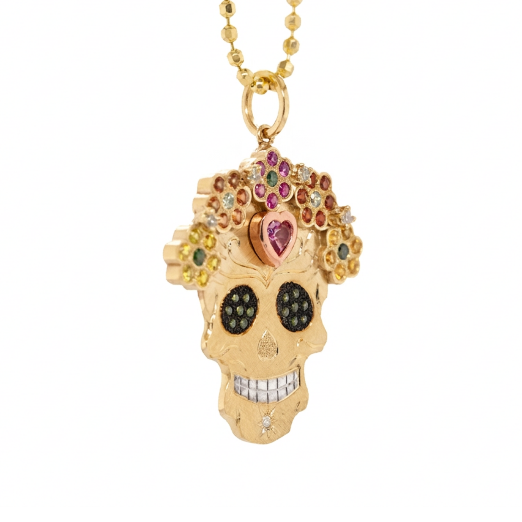 Intricate Sapphire Flower Halo Sugar Skull Pendant | Statement  | 14K Gold | Style Mi Amor