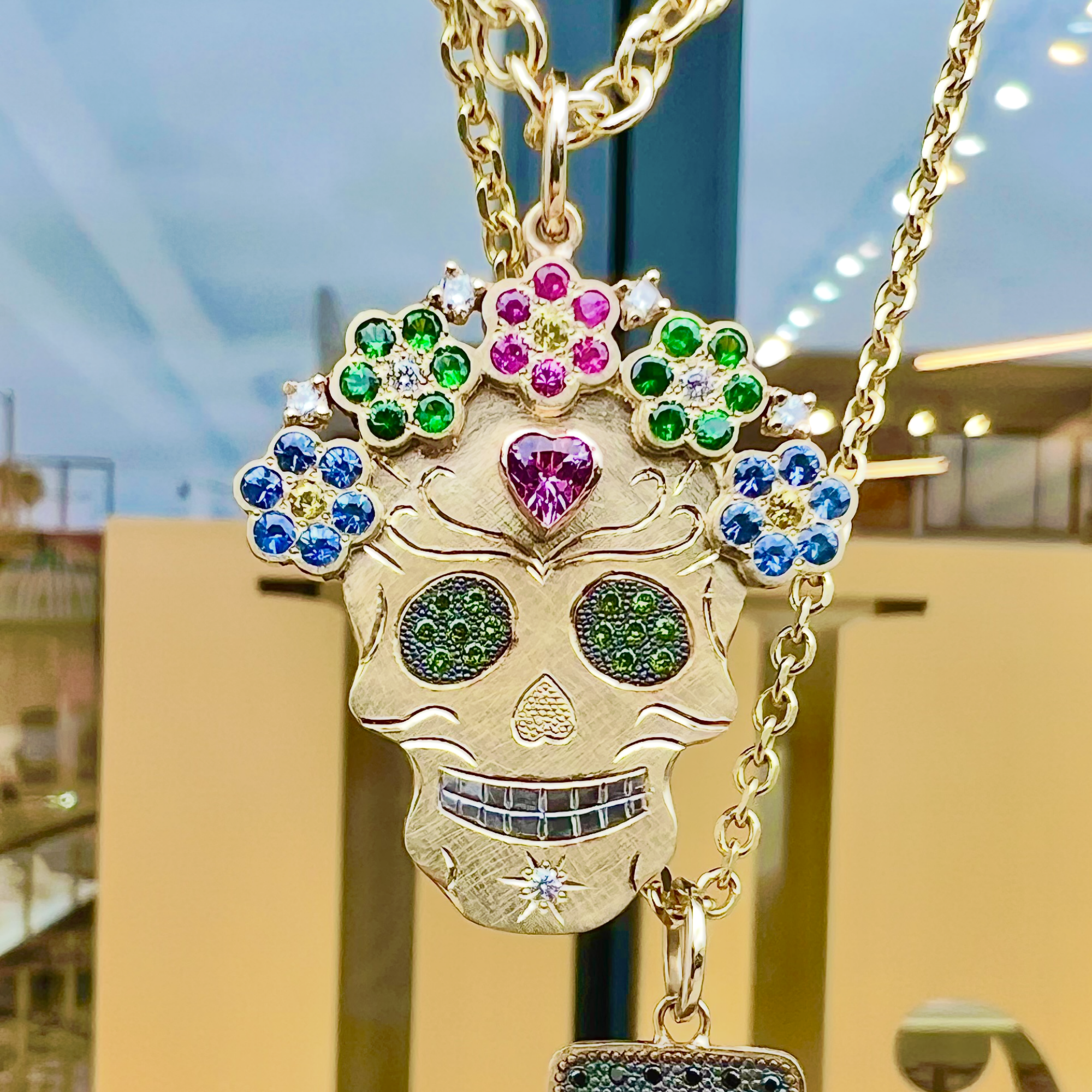 Intricate Sapphire Flower Halo Sugar Skull Pendant | Statement  | 14K Gold | Style Mi Amor