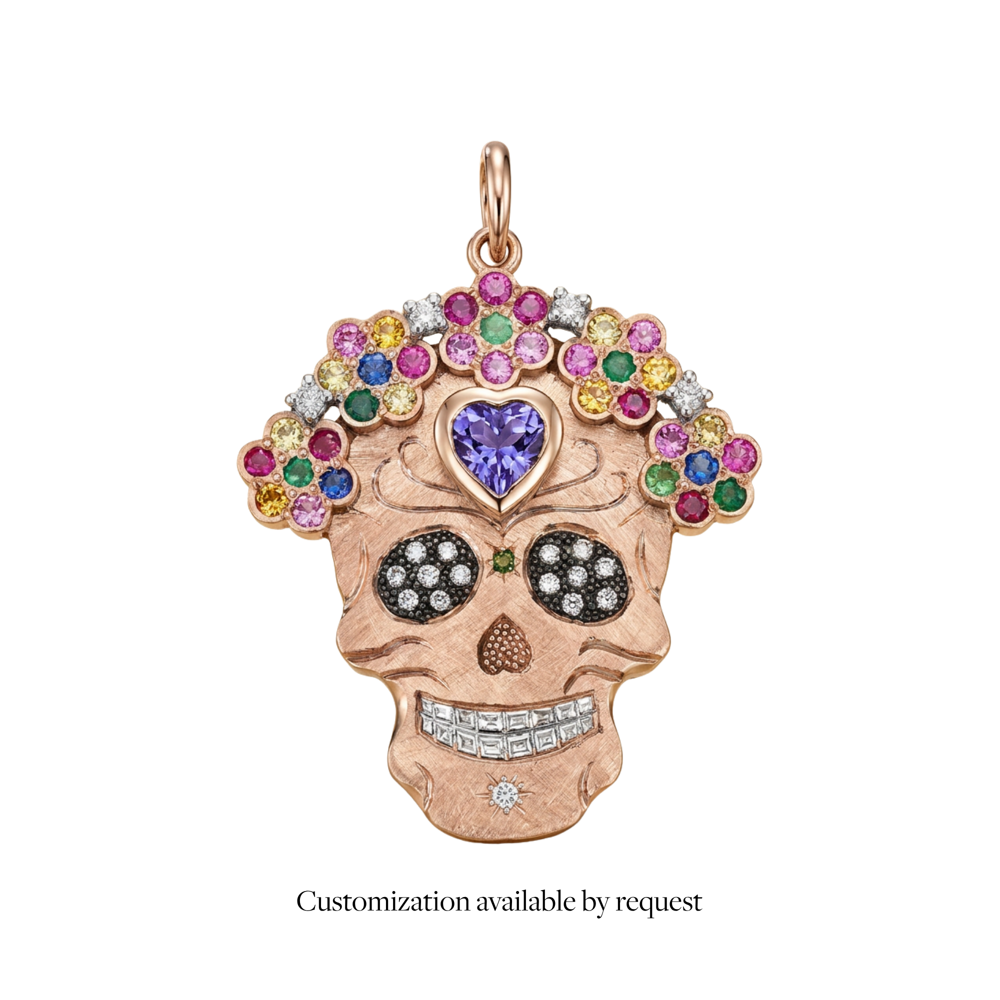 Intricate Sapphire Flower Halo Sugar Skull Pendant | Statement  | 14K Gold | Style Mi Amor