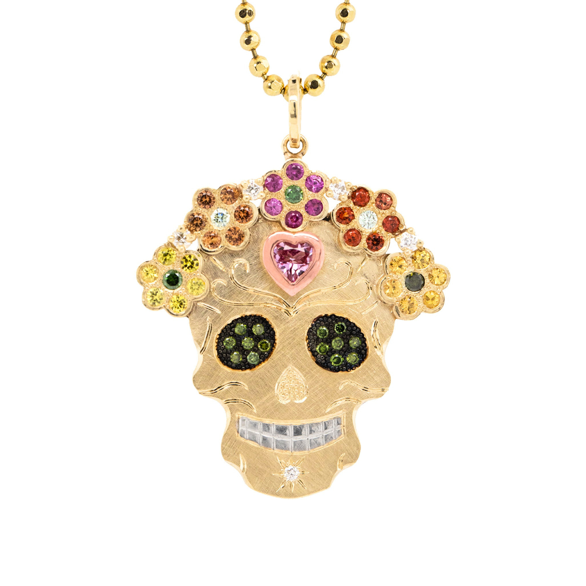 Intricate Sapphire Flower Halo Sugar Skull Pendant | Statement  | 14K Gold | Style Mi Amor
