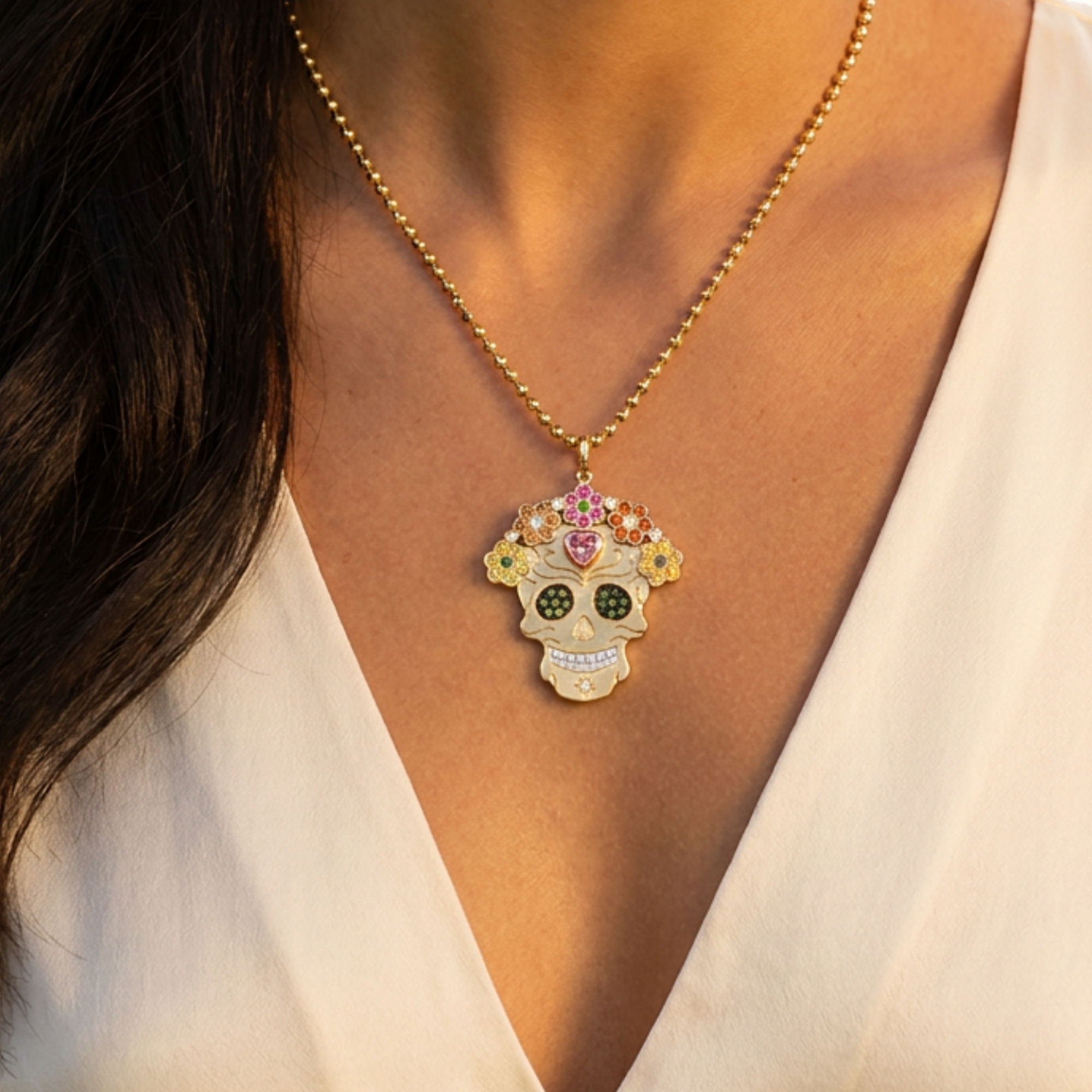Intricate Sapphire Flower Halo Sugar Skull Pendant | Statement  | 14K Gold | Style Mi Amor