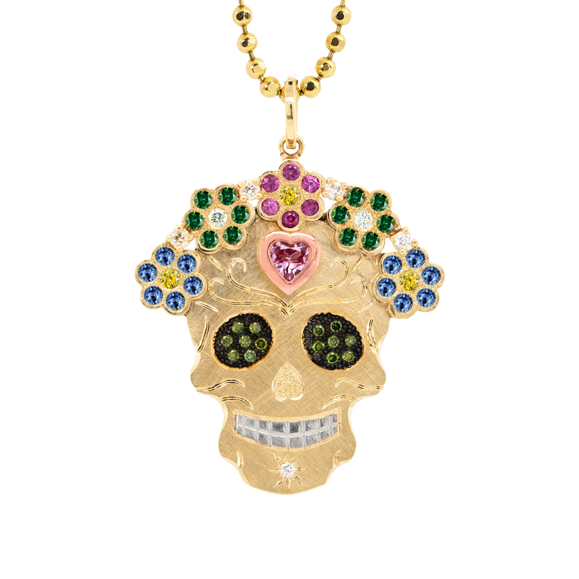 Intricate Sapphire Flower Halo Sugar Skull Pendant | Statement  | 14K Gold | Style Mi Amor