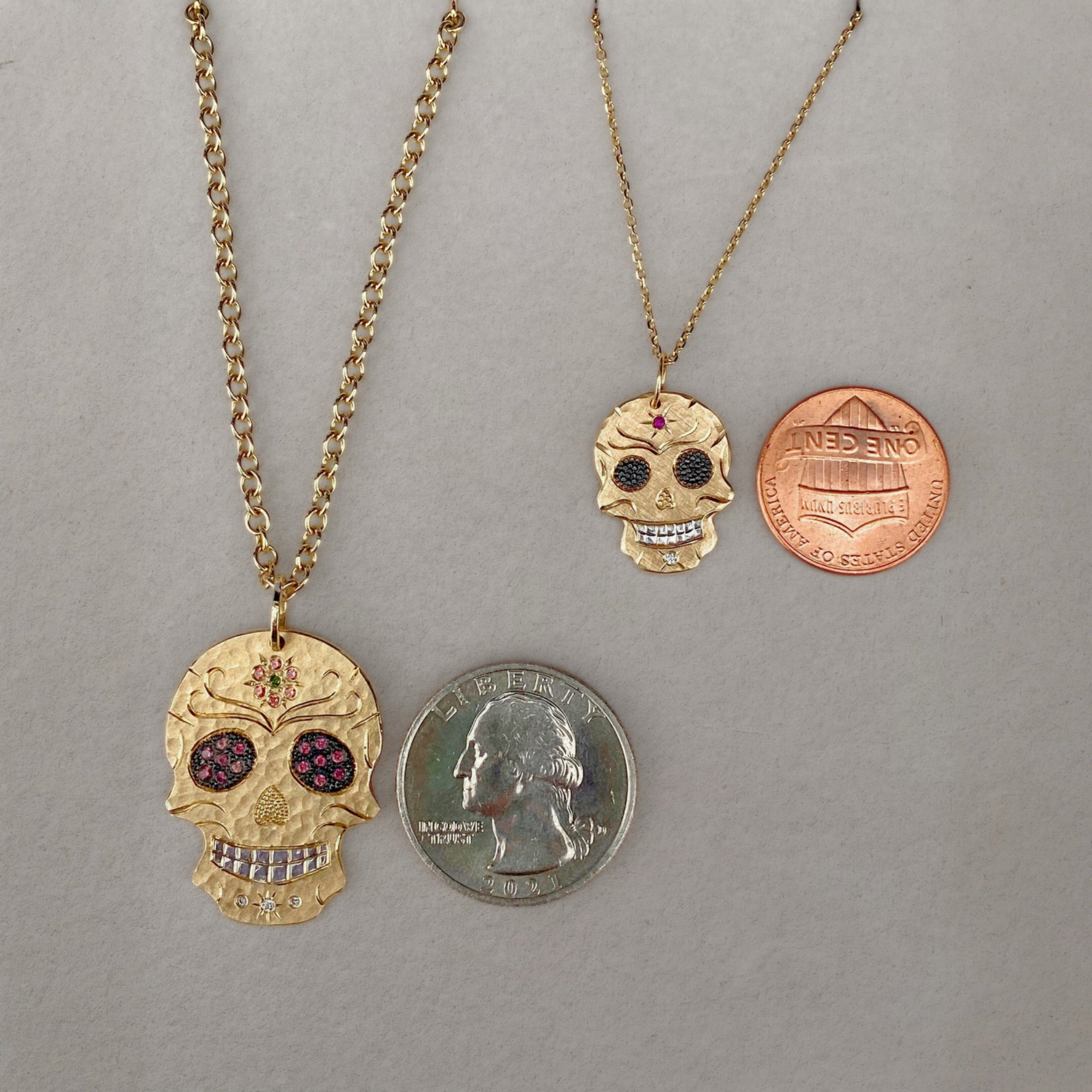 Sapphire Flower Hand-Engraved Sugar Skull Pendant | Medium | 14K Gold | Style Inez