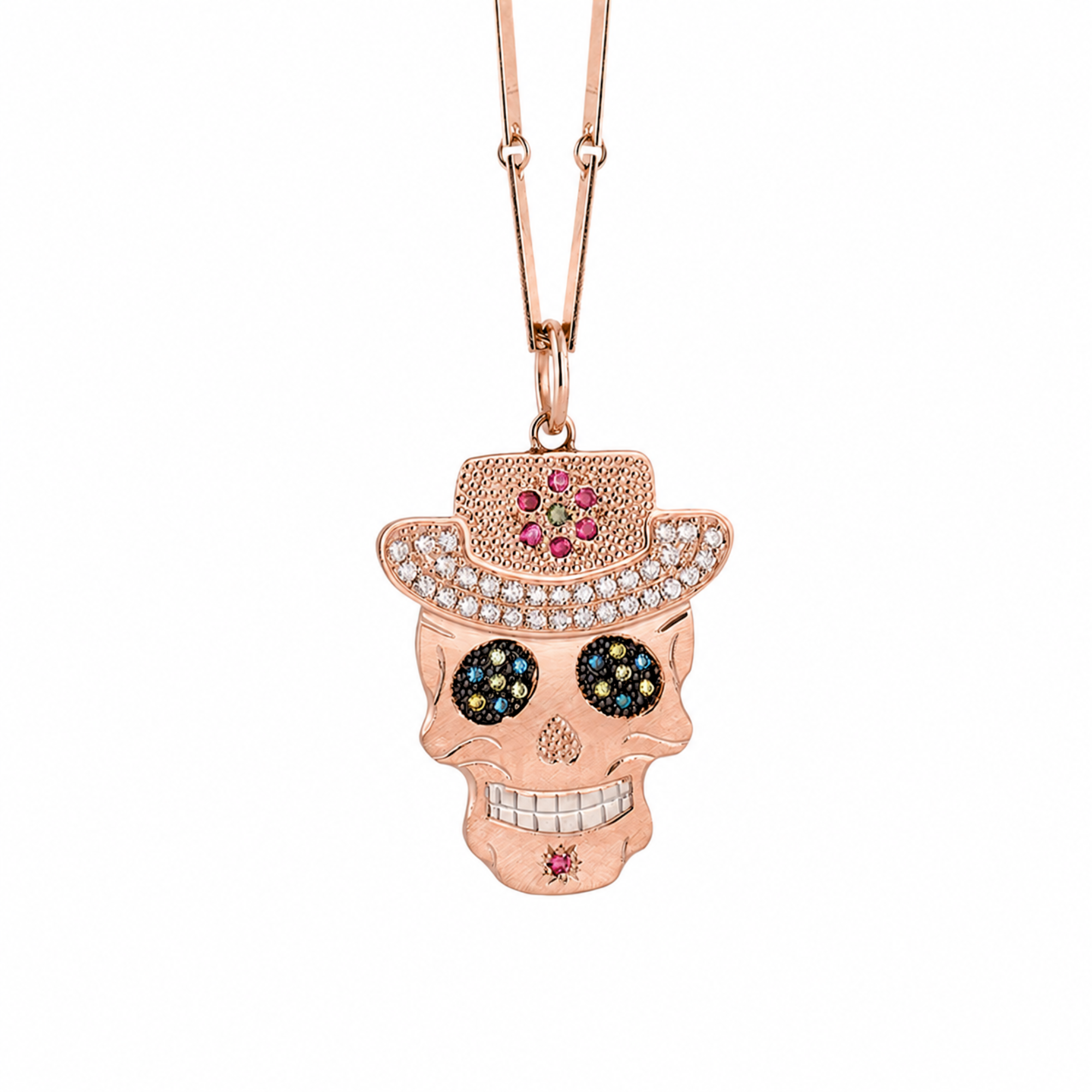 Western Diamond & Sapphire Sugar Skull Pendant with Cowboy Hat | Medium | 14K Gold | Style Vaquera