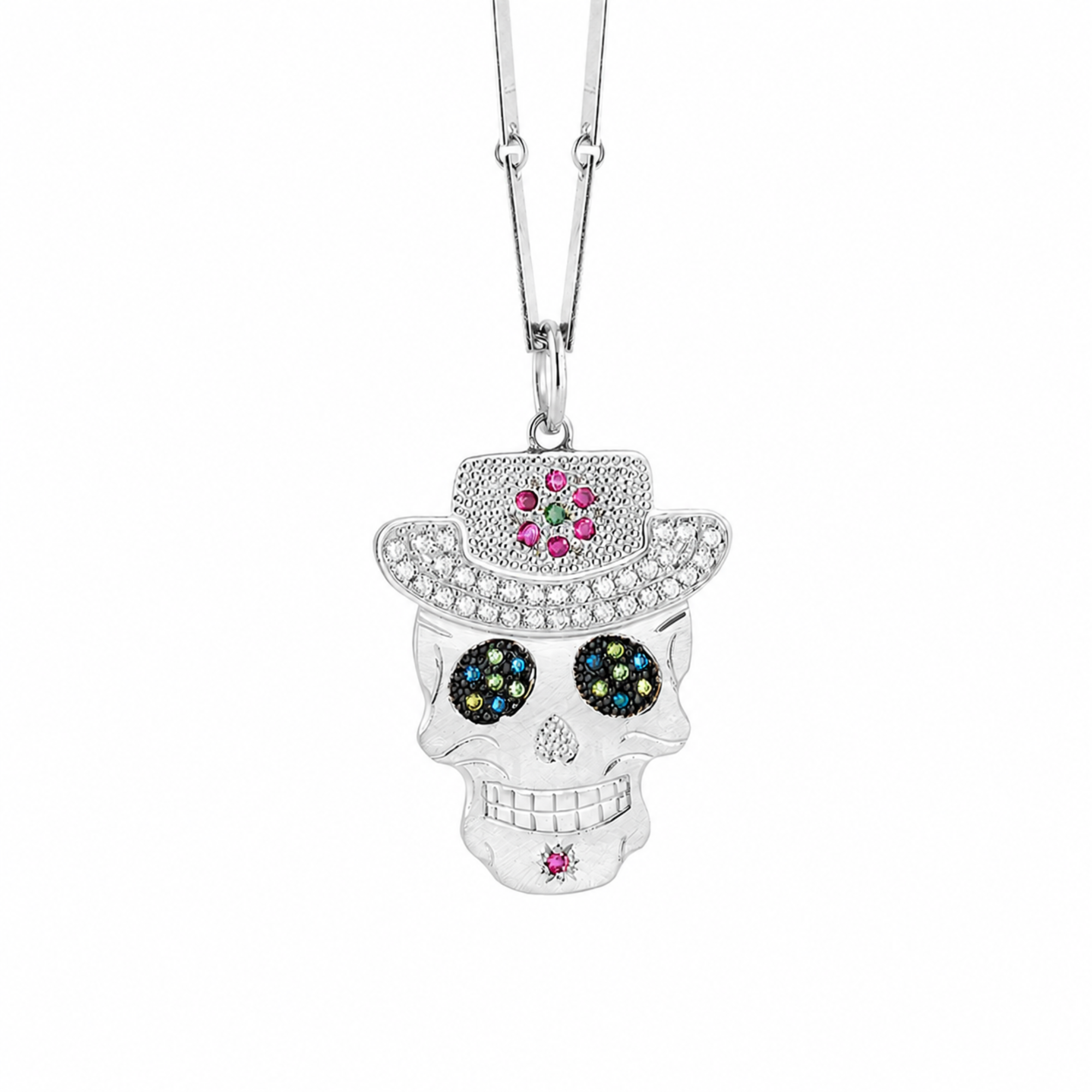 Western Diamond & Sapphire Sugar Skull Pendant with Cowboy Hat | Medium | 14K Gold | Style Vaquera