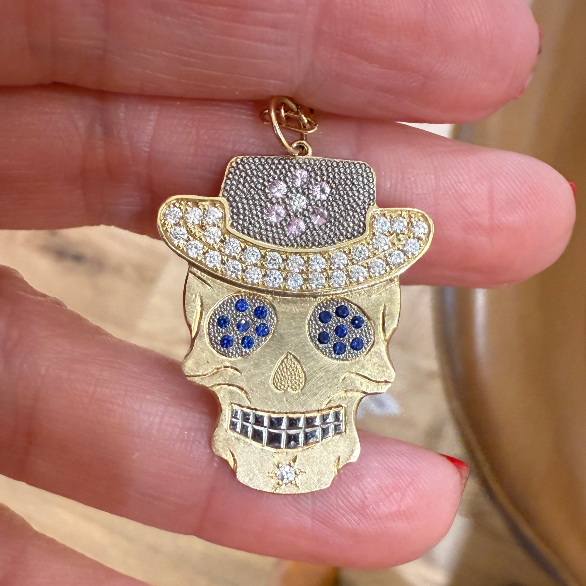 Western Diamond & Sapphire Sugar Skull Pendant with Cowboy Hat | Medium | 14K Gold | Style Vaquera