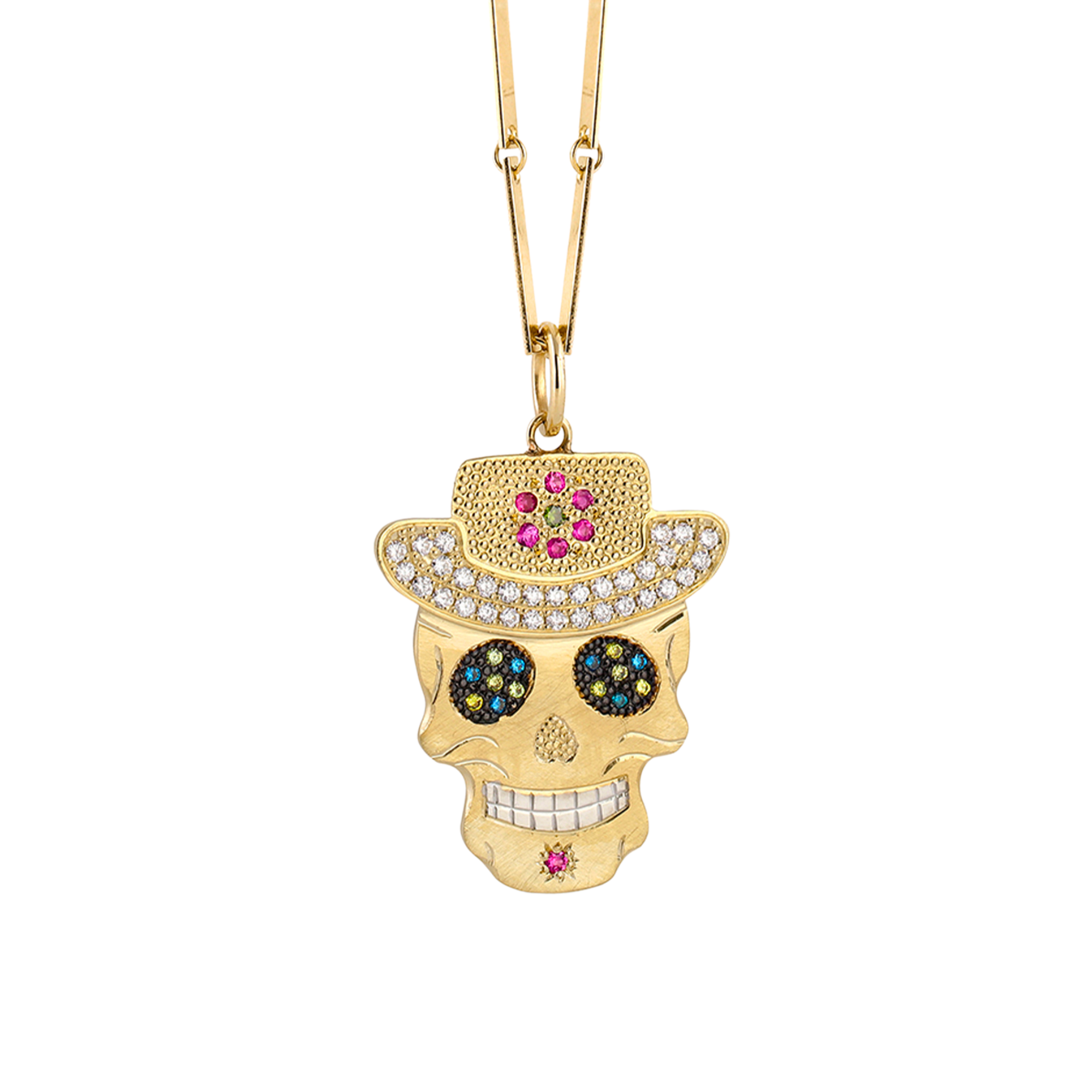 Western Diamond & Sapphire Sugar Skull Pendant with Cowboy Hat | Medium | 14K Gold | Style Vaquera