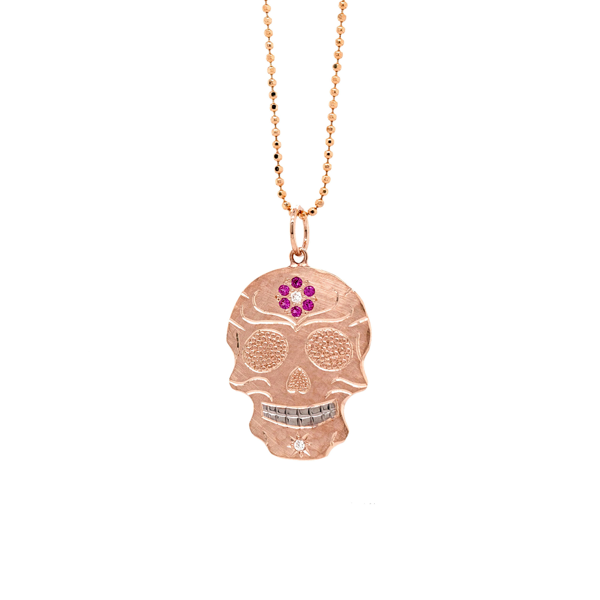 Gemstone Flower & Diamond Sugar Skull Pendant | Customizable | Small | 14K Gold | Style Elena