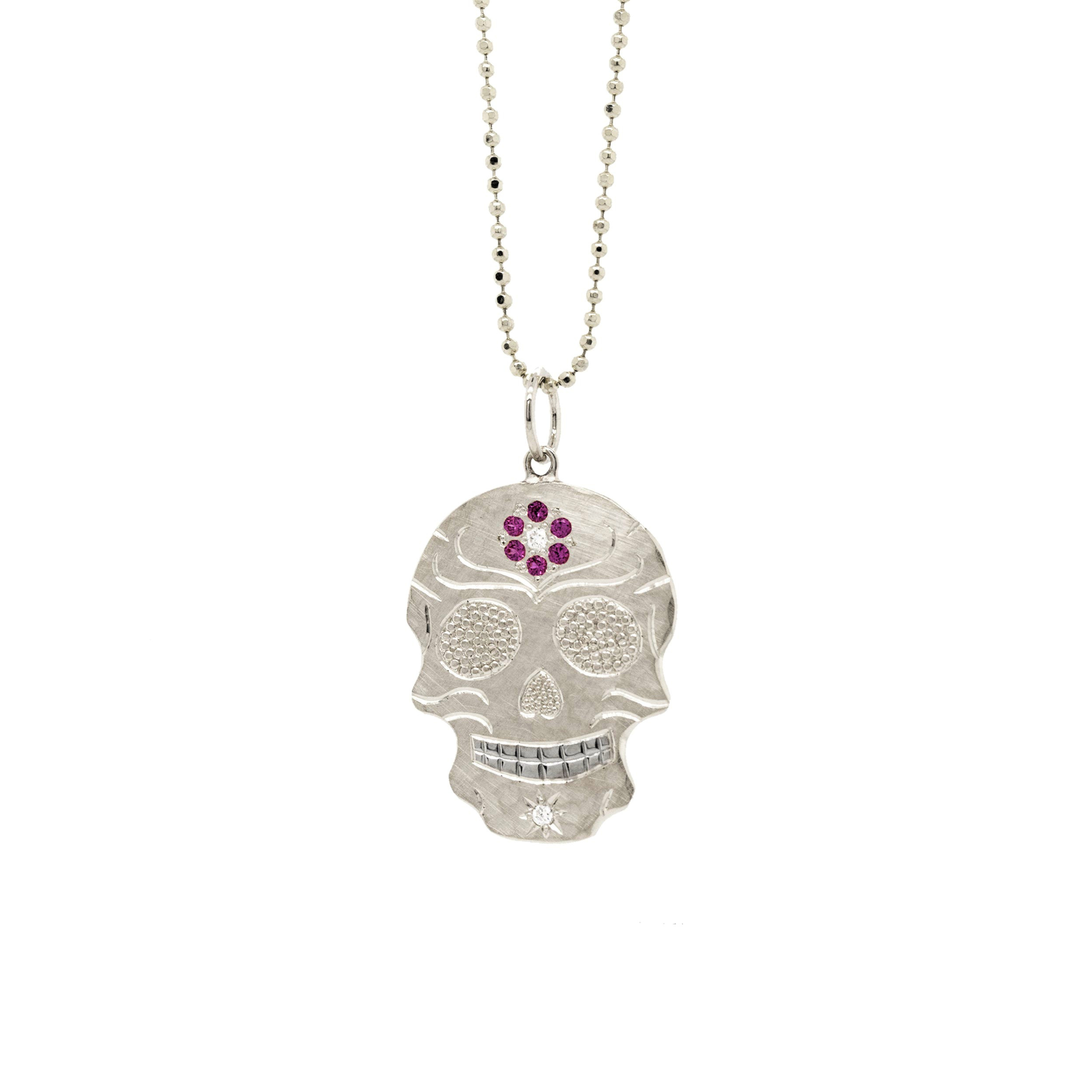 Gemstone Flower & Diamond Sugar Skull Pendant | Customizable | Small | 14K Gold | Style Elena