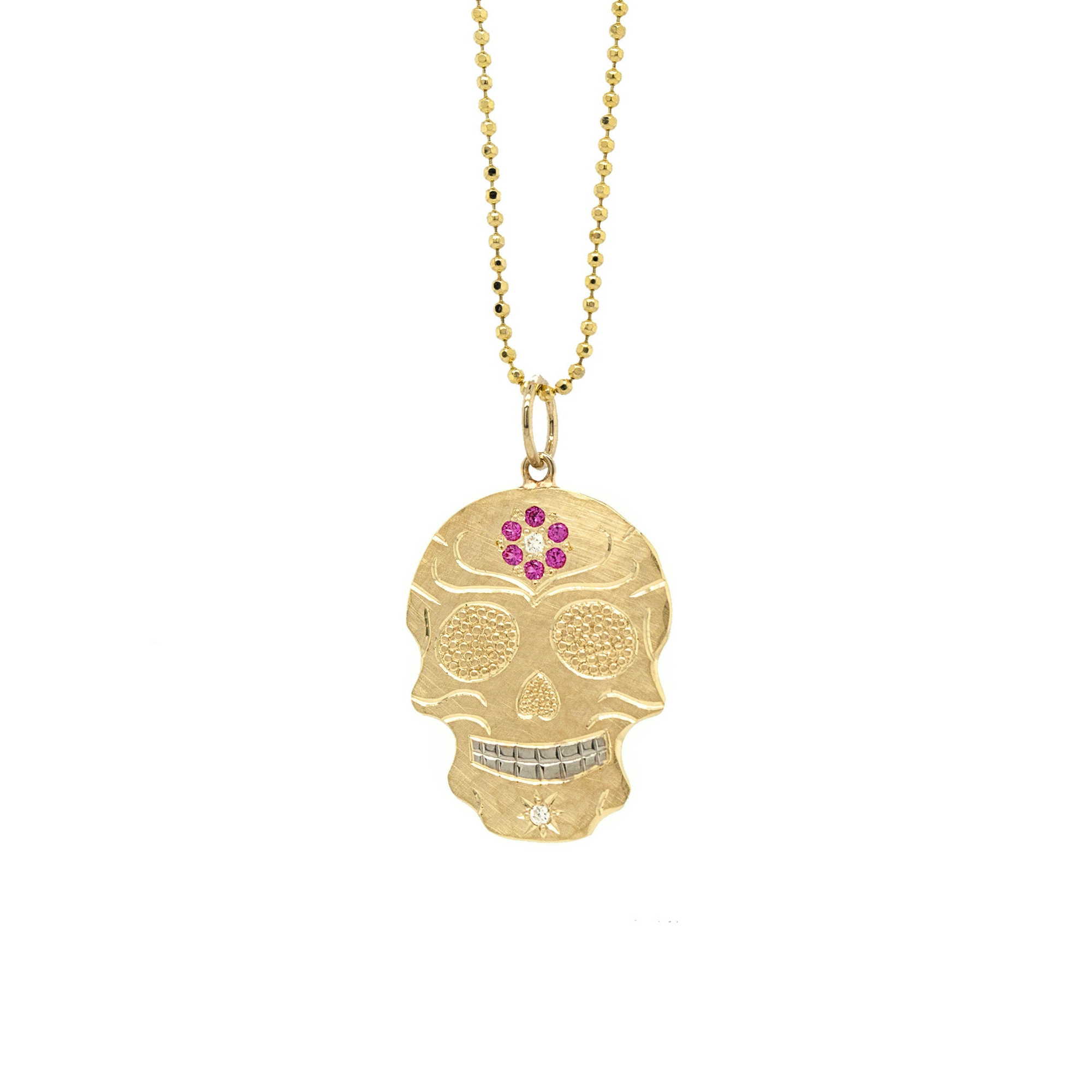 Gemstone Flower & Diamond Sugar Skull Pendant | Customizable | Small | 14K Gold | Style Elena