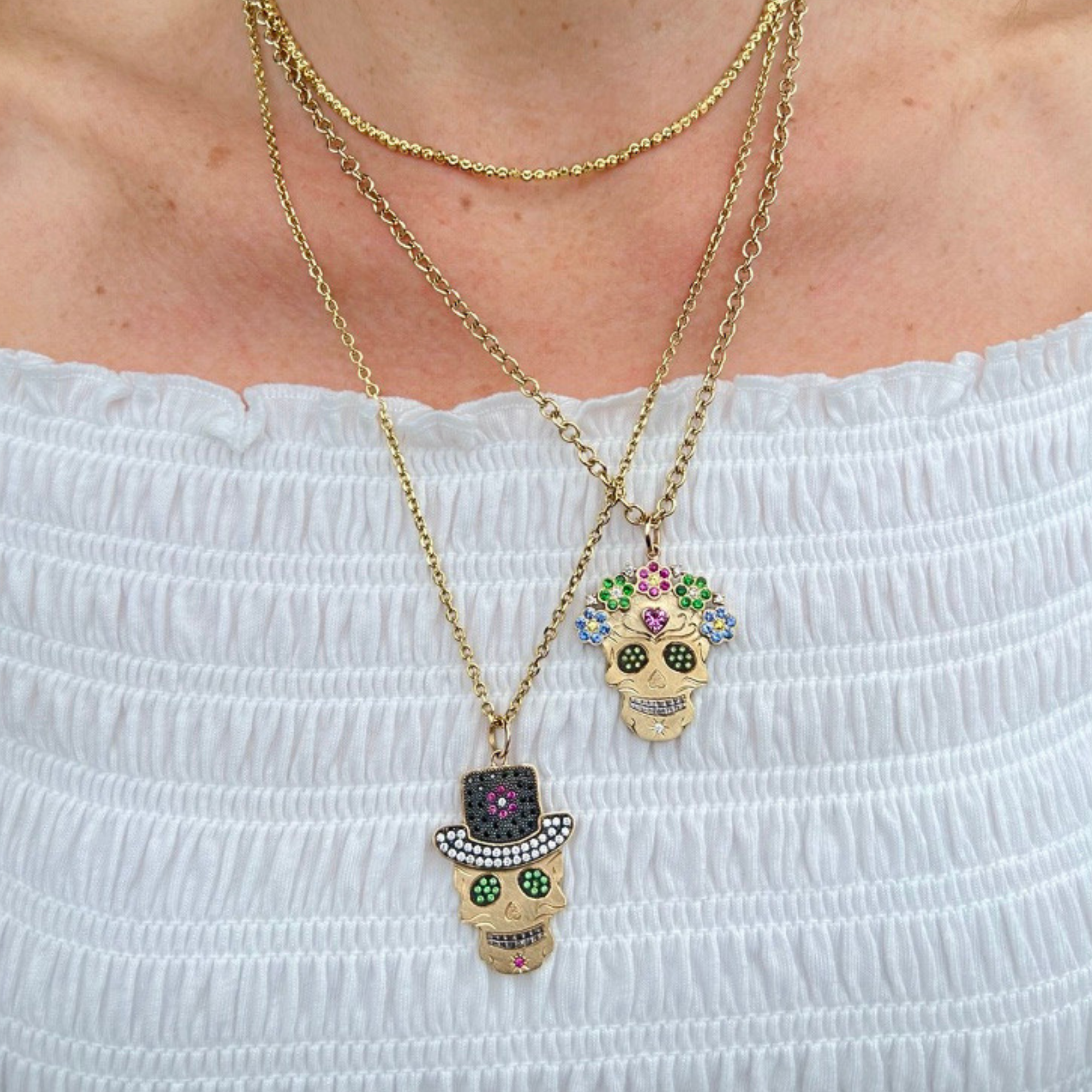 Black & White Pavé Diamond & Gemstone Top Hat Sugar Skull Pendant | Medium | 14K Gold | Style Theo