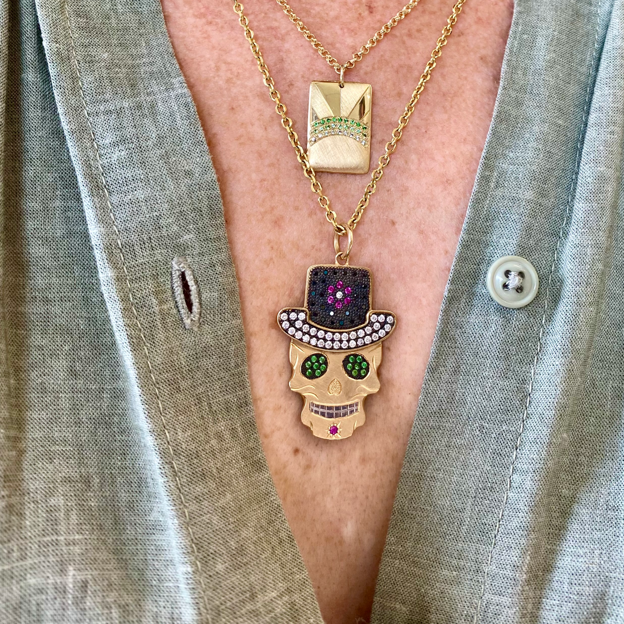 Black & White Pavé Diamond & Gemstone Top Hat Sugar Skull Pendant | Medium | 14K Gold | Style Theo