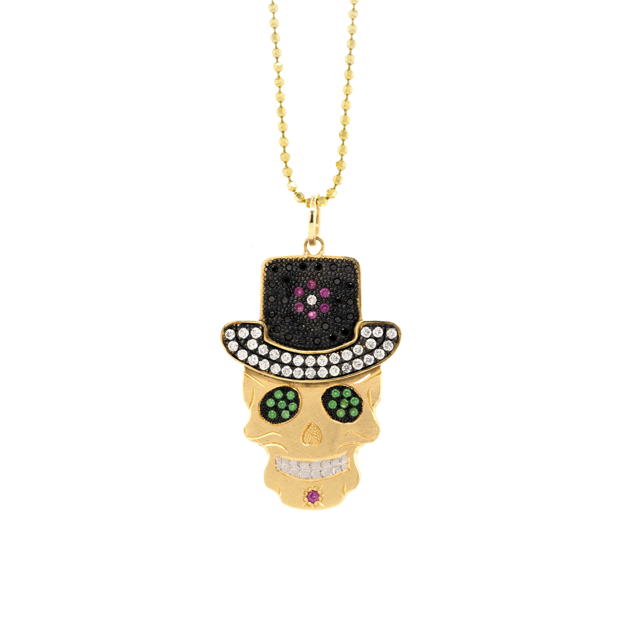 Black & White Pavé Diamond & Gemstone Top Hat Sugar Skull Pendant | Medium | 14K Gold | Style Theo