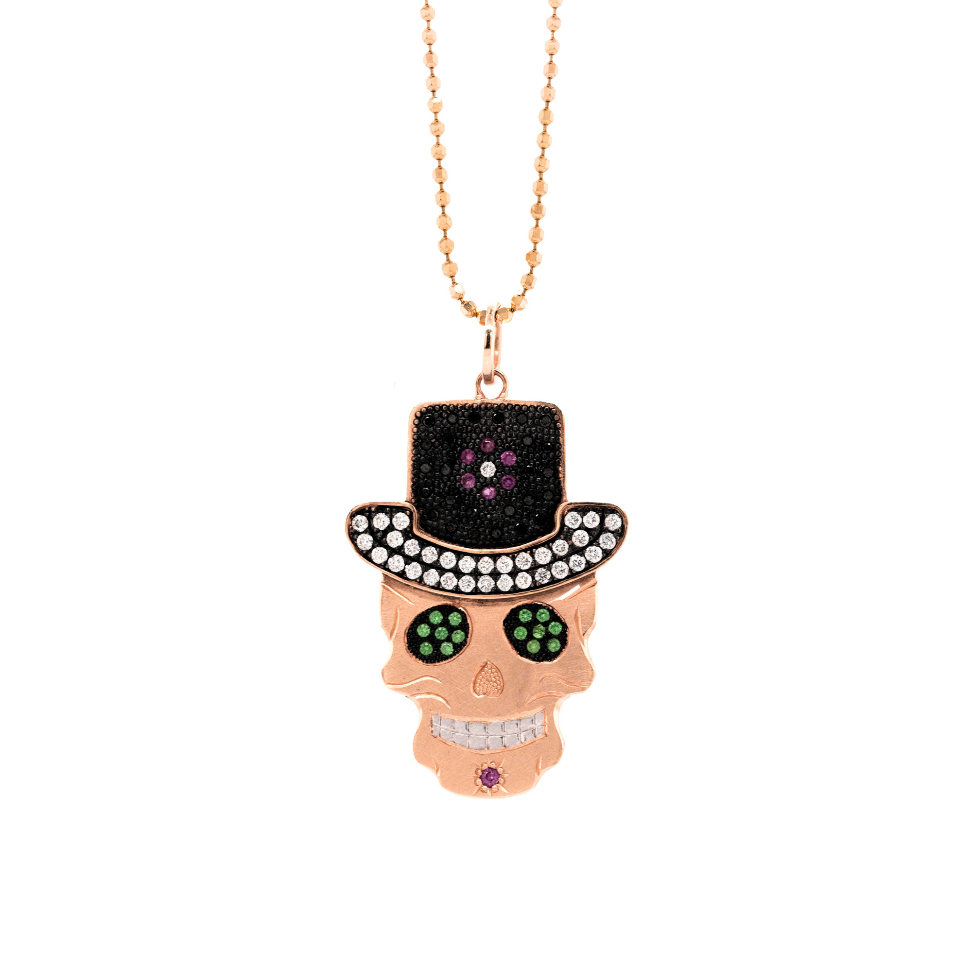 Black & White Pavé Diamond & Gemstone Top Hat Sugar Skull Pendant | Medium | 14K Gold | Style Theo
