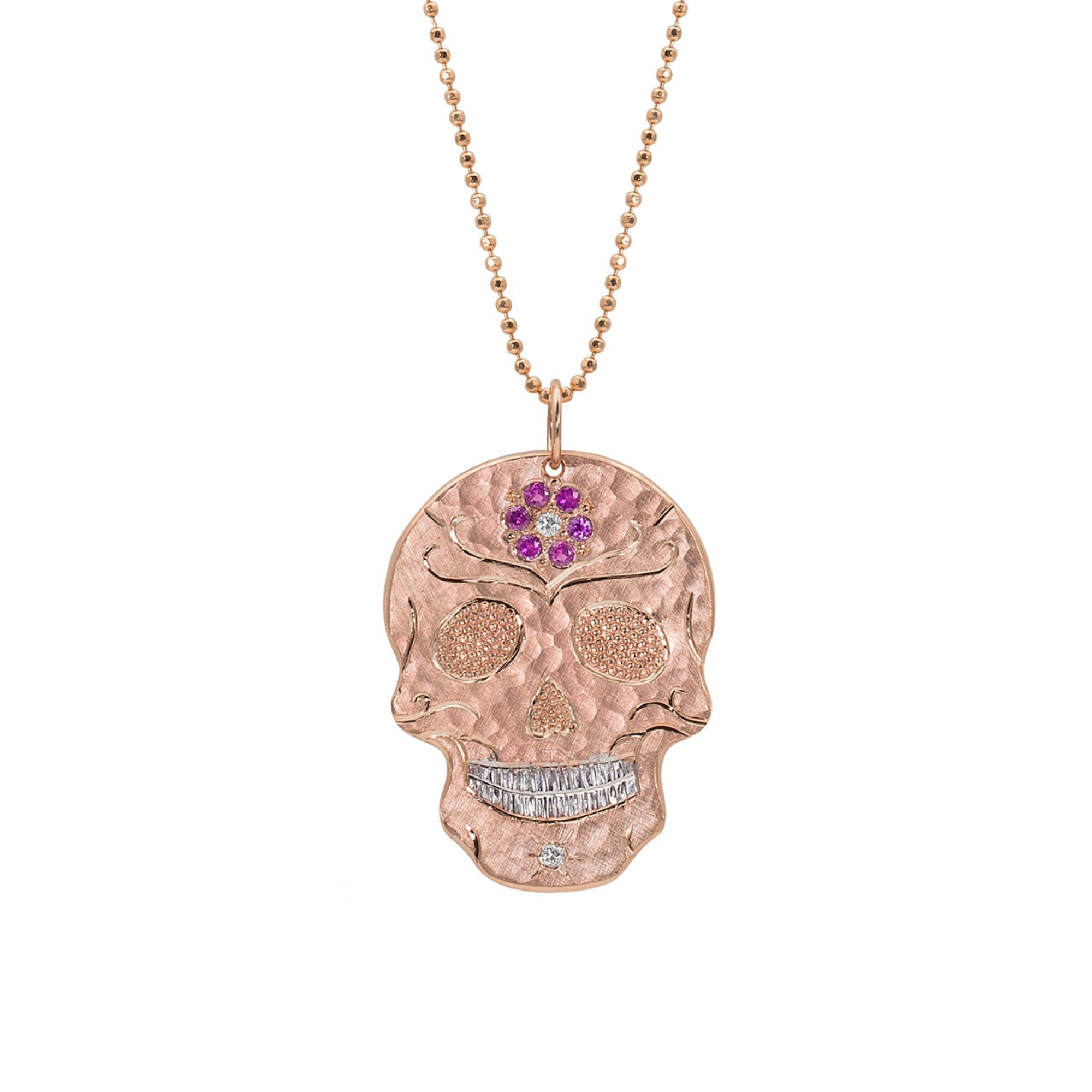 Gemstone Flower & Diamond Sugar Skull Pendant | Customizable | Medium | 14K Gold | Style Luana