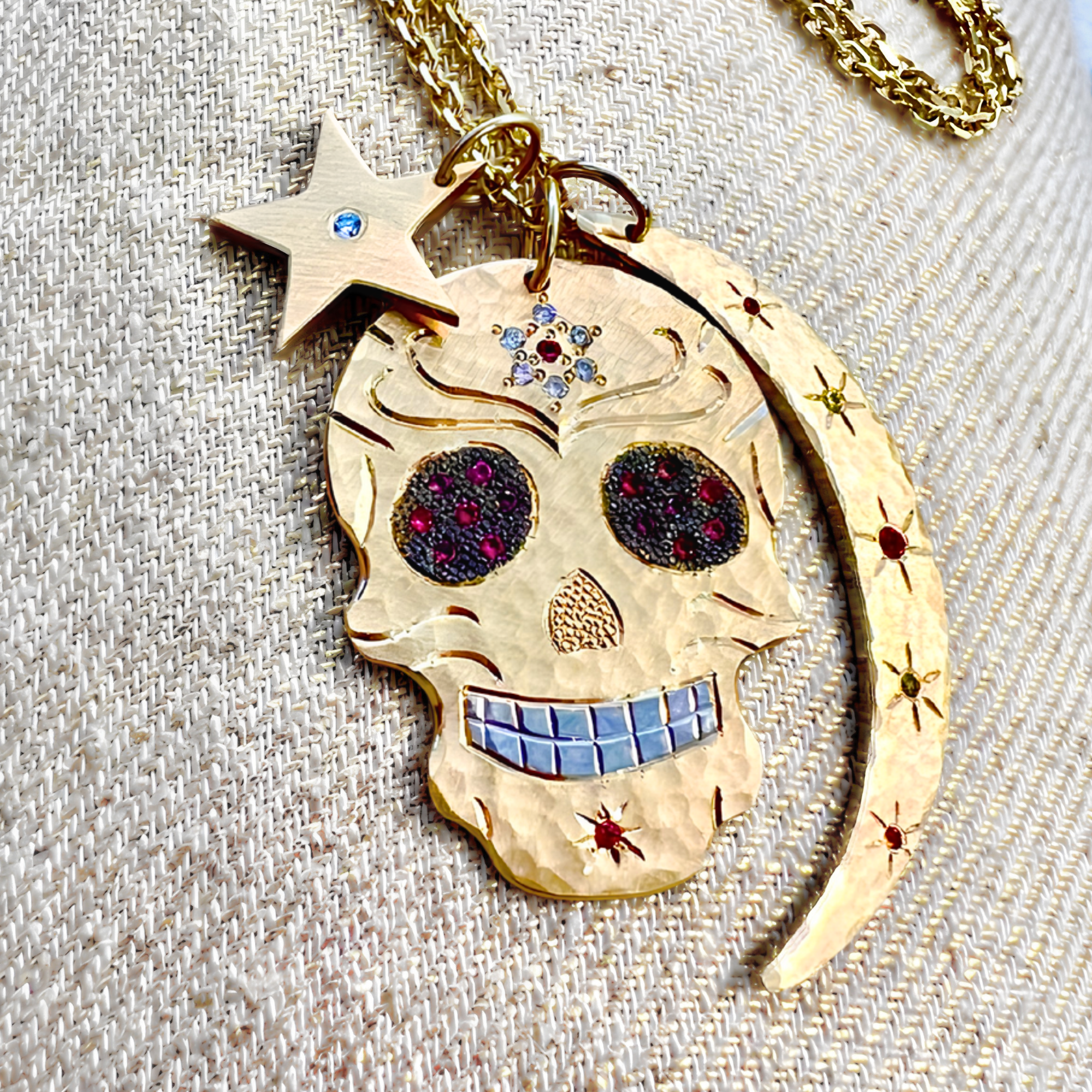 Gemstone Flower & Diamond Sugar Skull Pendant | Customizable | Large | 14K Gold | Style Lola