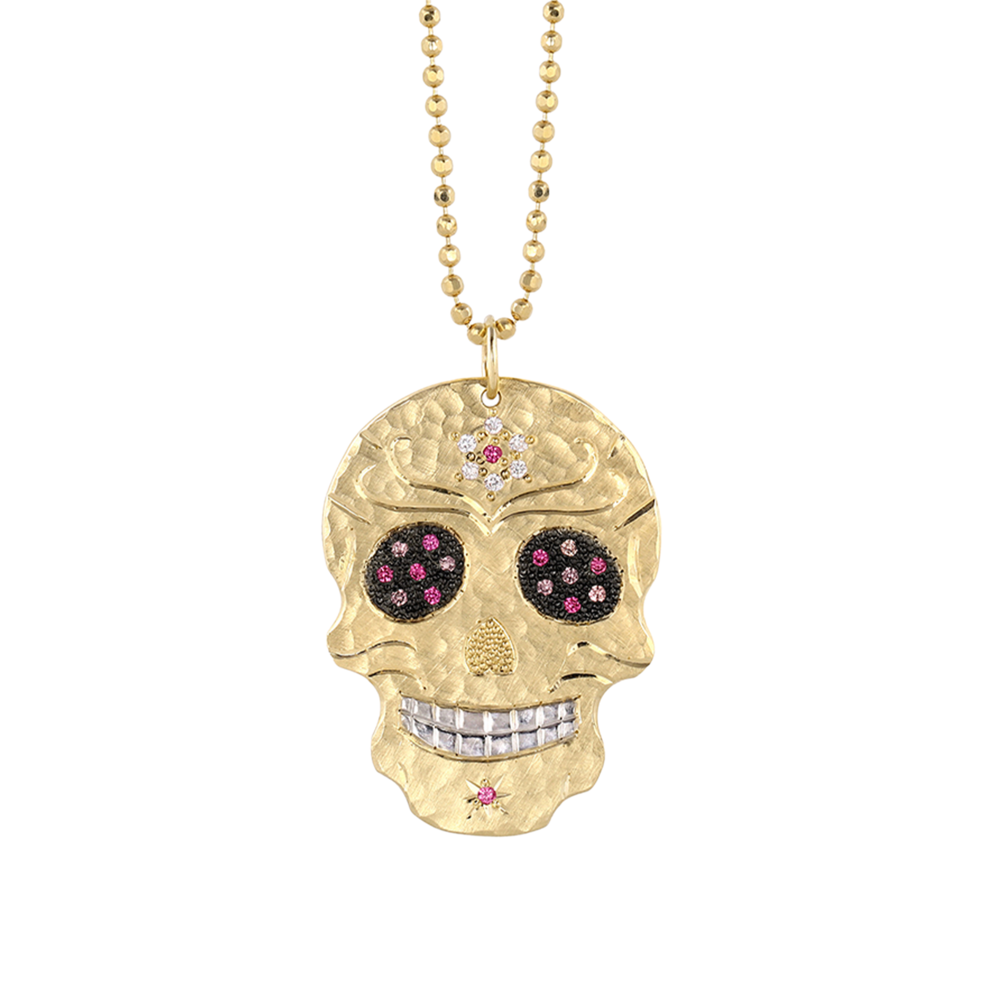 Gemstone Flower & Diamond Sugar Skull Pendant | Customizable | Large | 14K Gold | Style Lola
