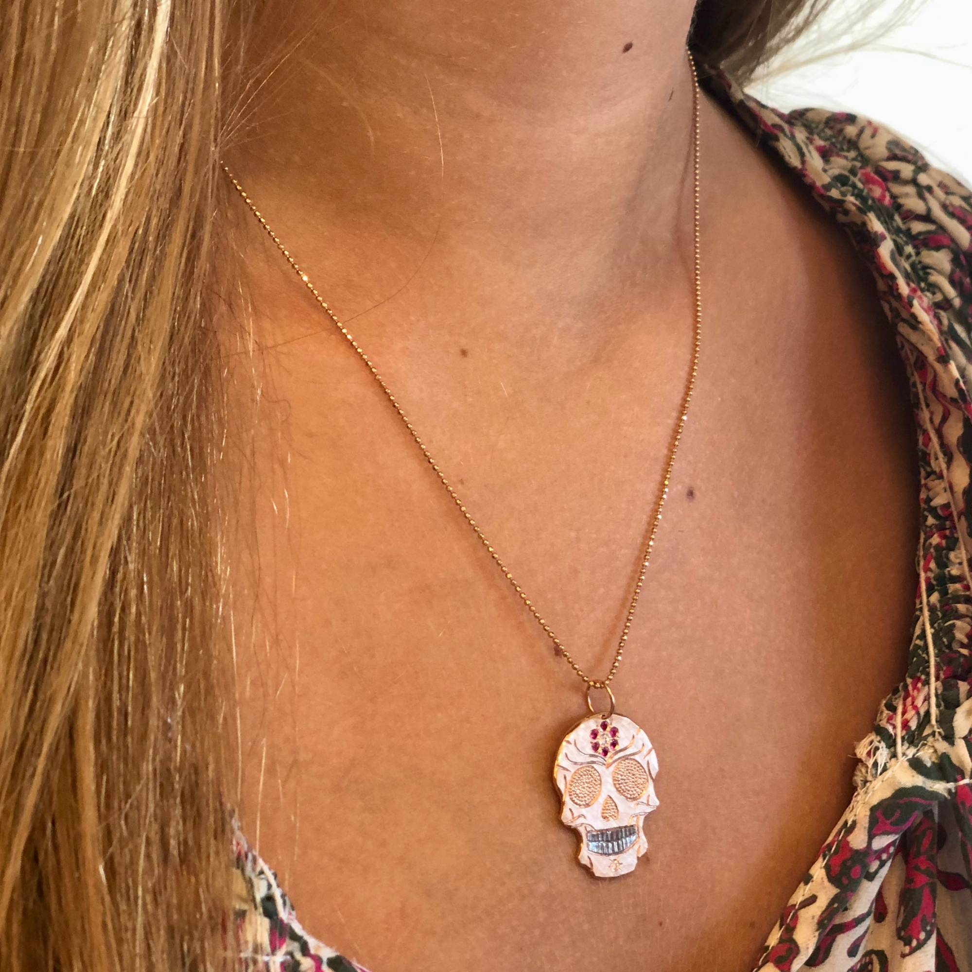 Gemstone Flower & Diamond Sugar Skull Pendant | Customizable | Medium | 14K Gold | Style Luana