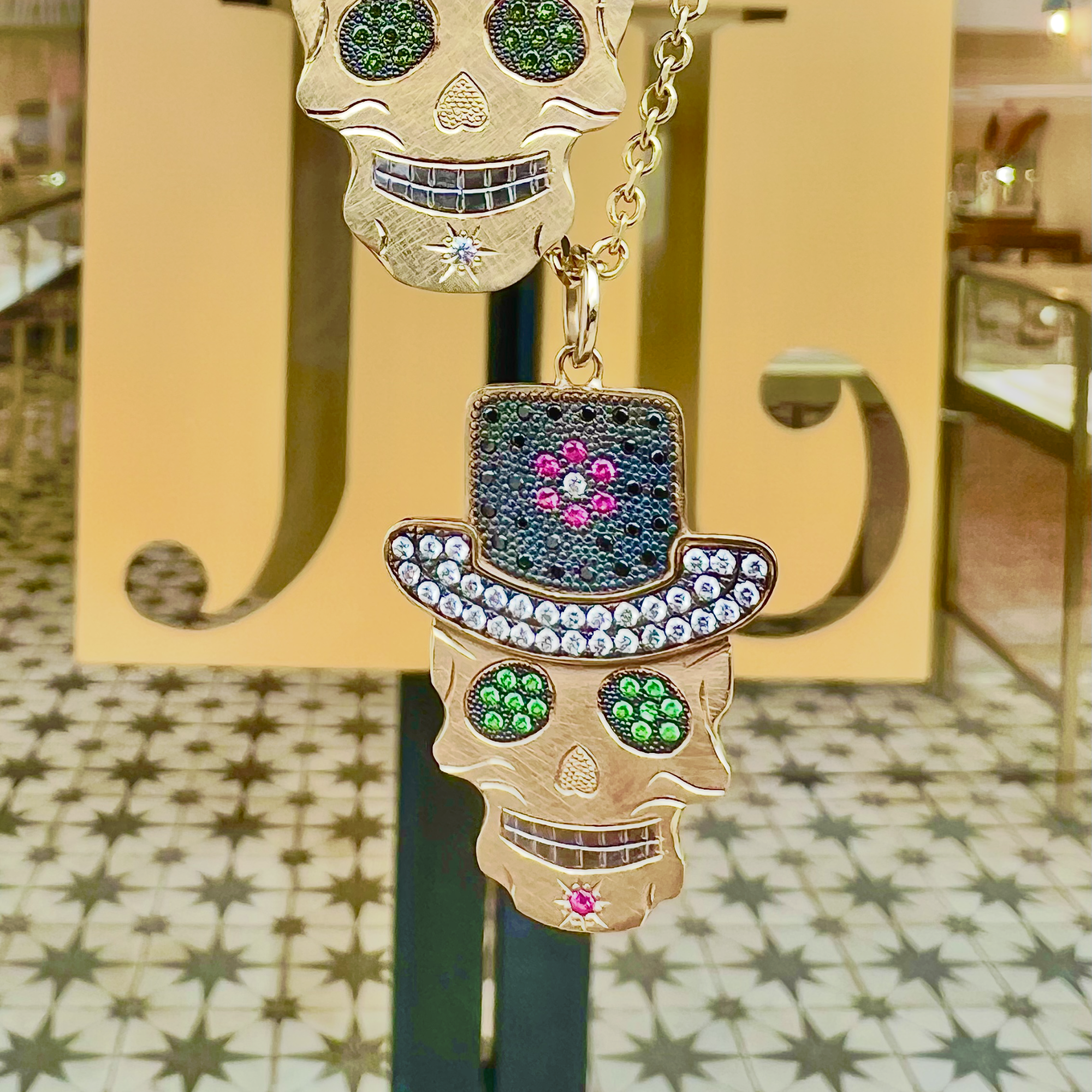 Black & White Pavé Diamond & Gemstone Top Hat Sugar Skull Pendant | Medium | 14K Gold | Style Theo