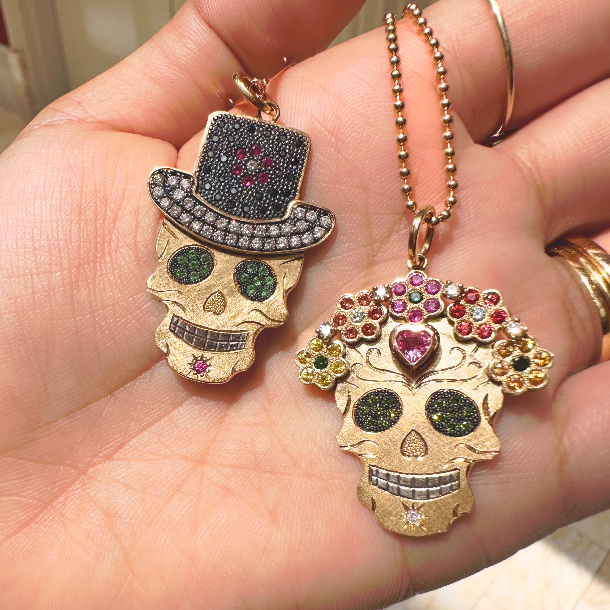 Black & White Pavé Diamond & Gemstone Top Hat Sugar Skull Pendant | Medium | 14K Gold | Style Theo