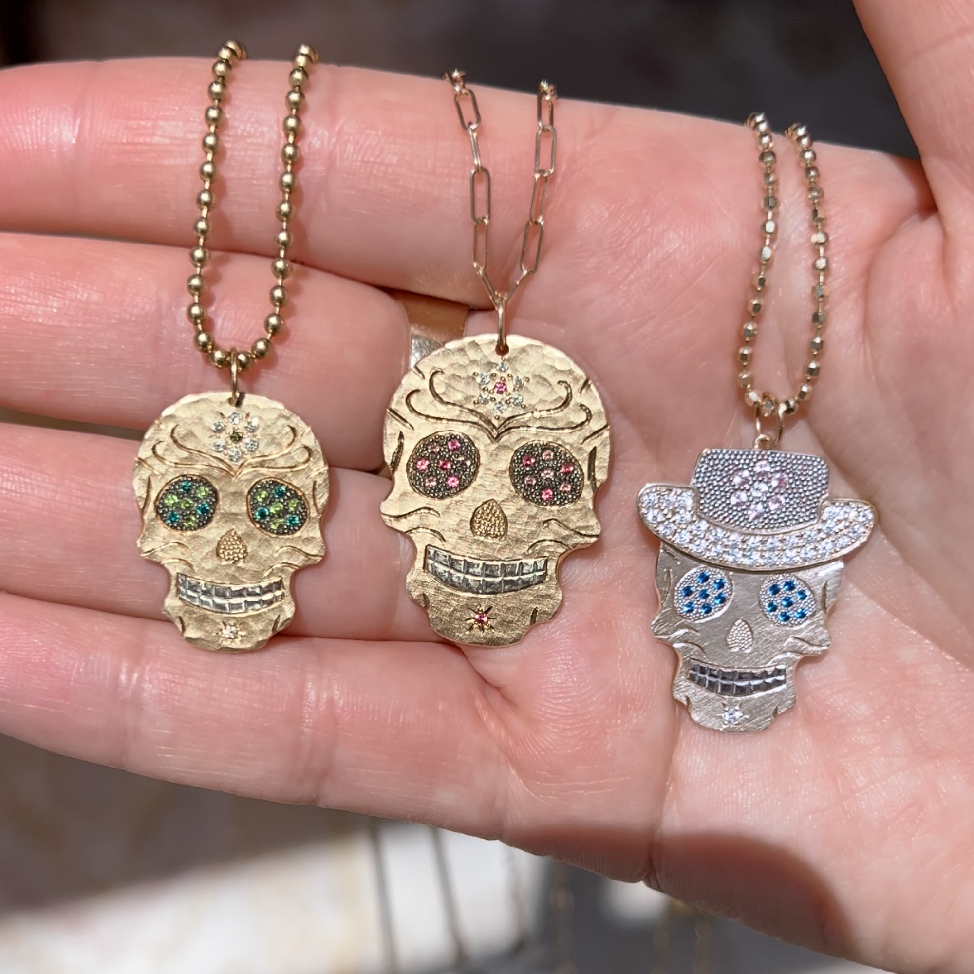 Gemstone Flower & Diamond Sugar Skull Pendant | Customizable | Large | 14K Gold | Style Lola