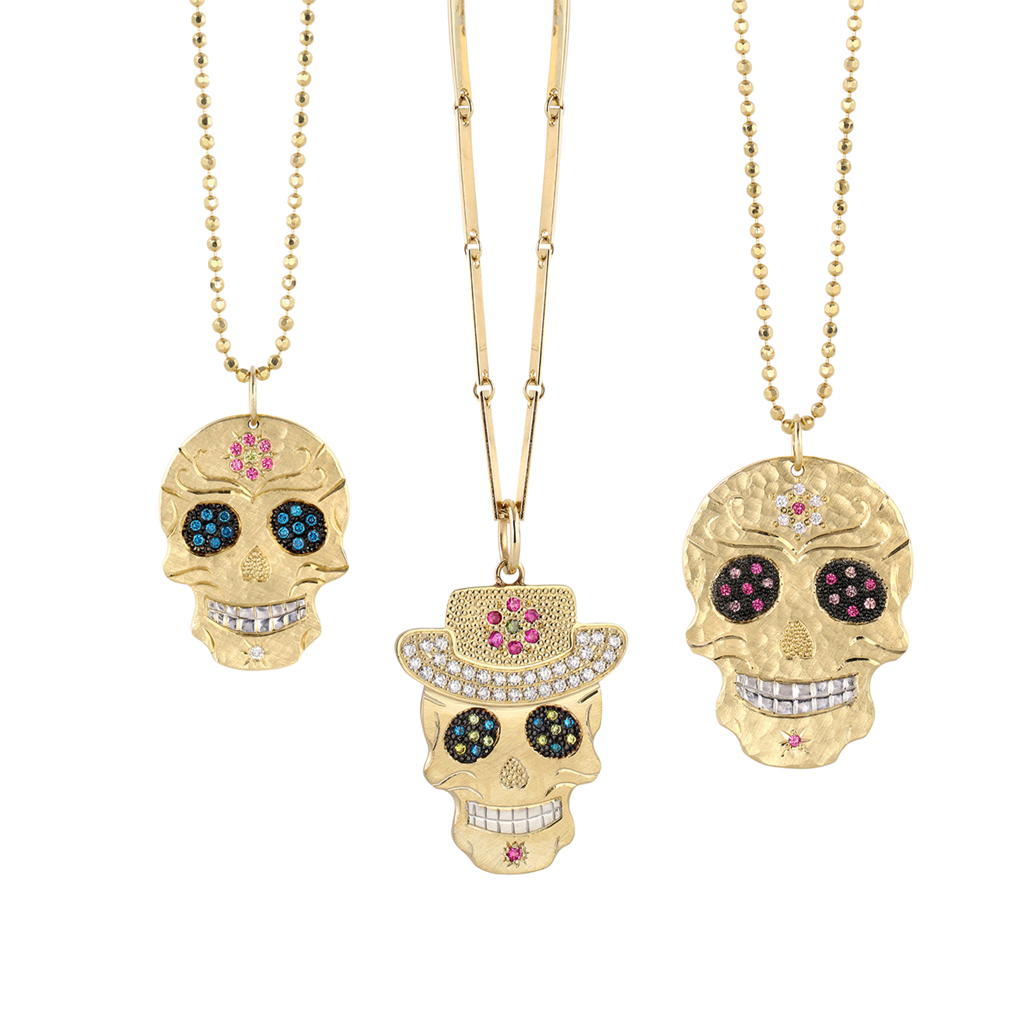 Gemstone Flower & Diamond Sugar Skull Pendant | Customizable | Large | 14K Gold | Style Lola