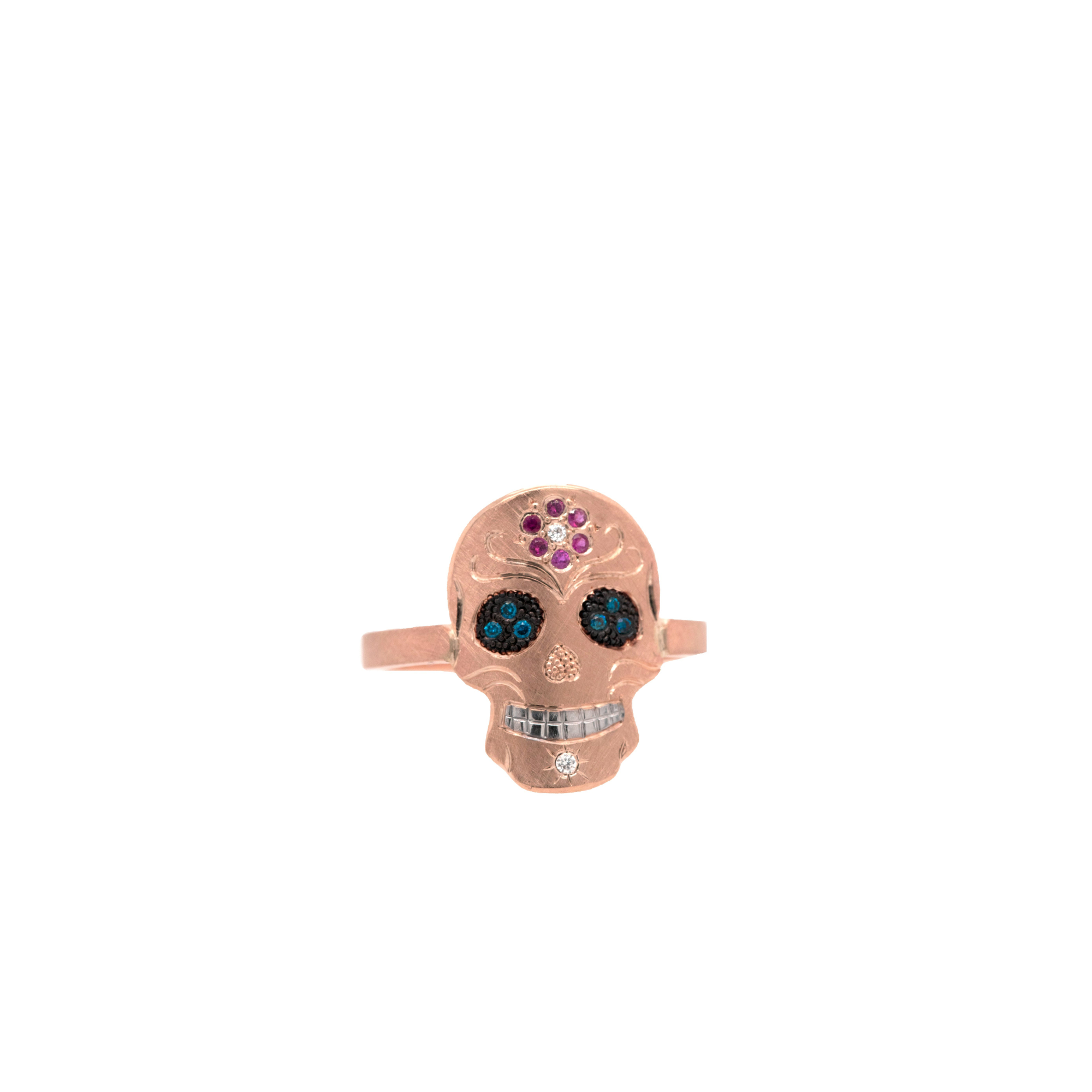 Sapphire Flower & Diamond Sugar Skull Ring | Customizable | Baby | 14K Gold | Style Catrina