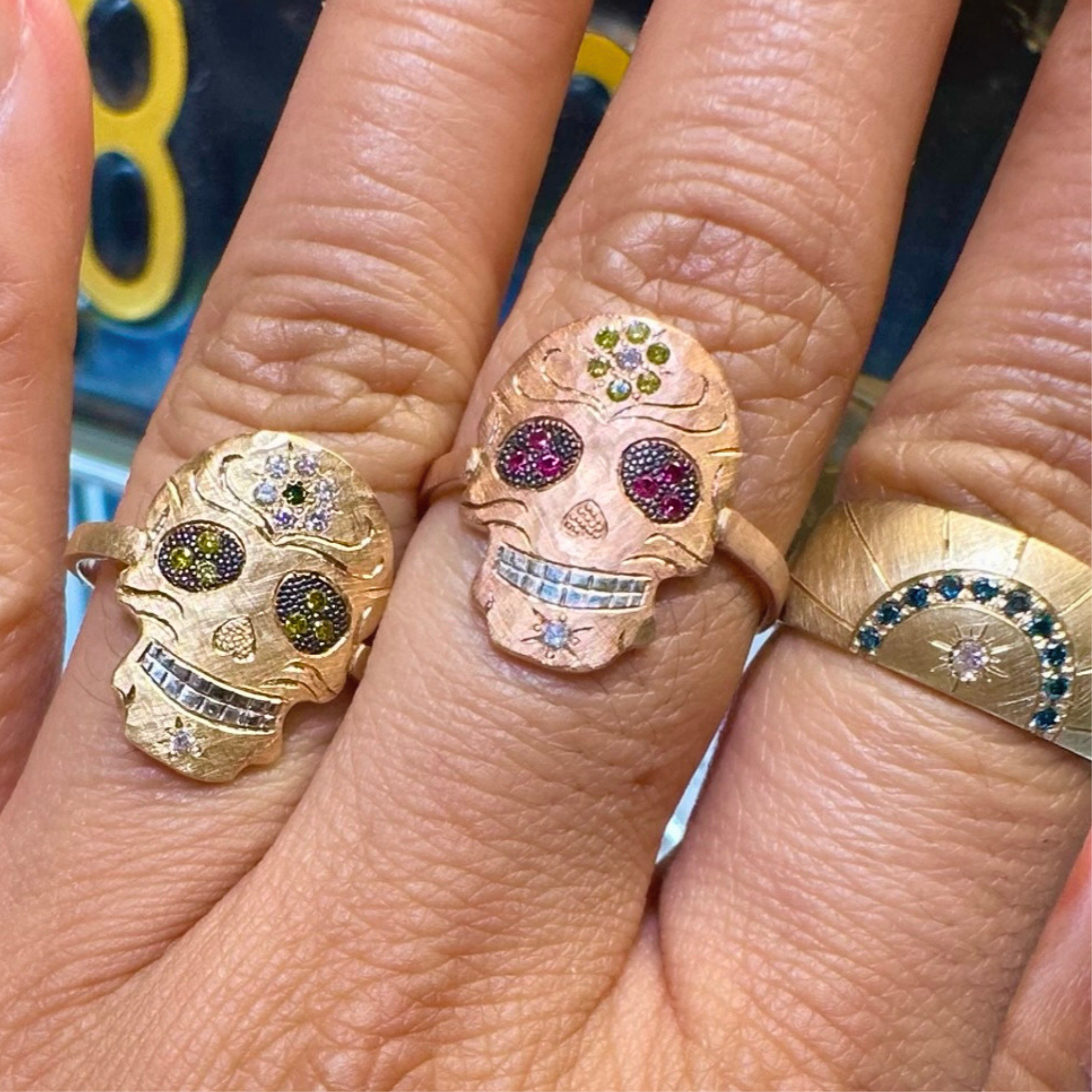 Sapphire Flower & Diamond Sugar Skull Ring | Customizable | Baby | 14K Gold | Style Catrina