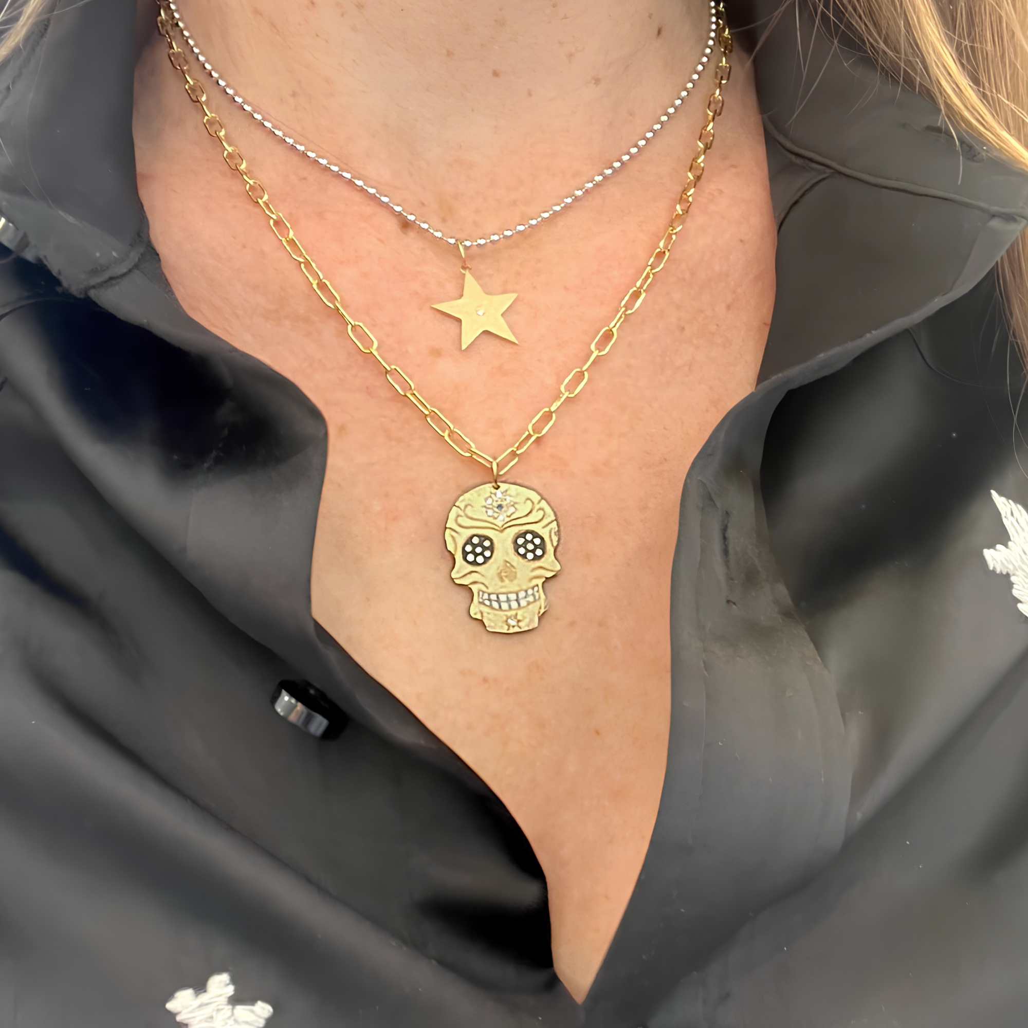 Diamond Eyes & Gemstone Flower Sugar Skull Pendant | Customizable | Medium | 14K Gold | Style Paloma