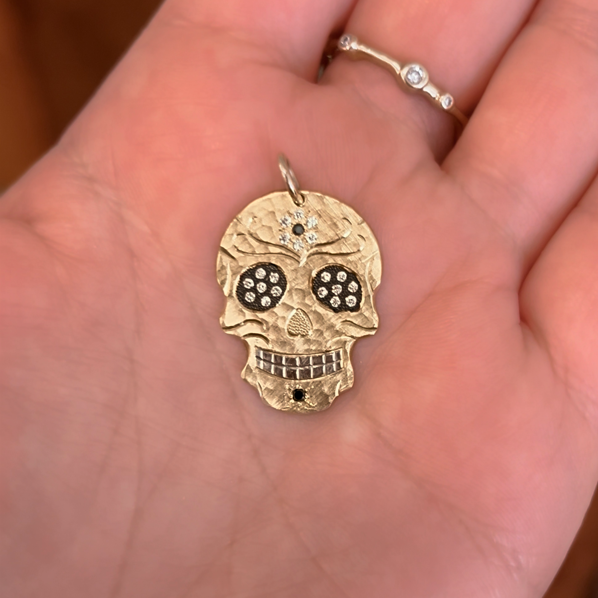 Diamond Eyes & Gemstone Flower Sugar Skull Pendant | Customizable | Medium | 14K Gold | Style Paloma