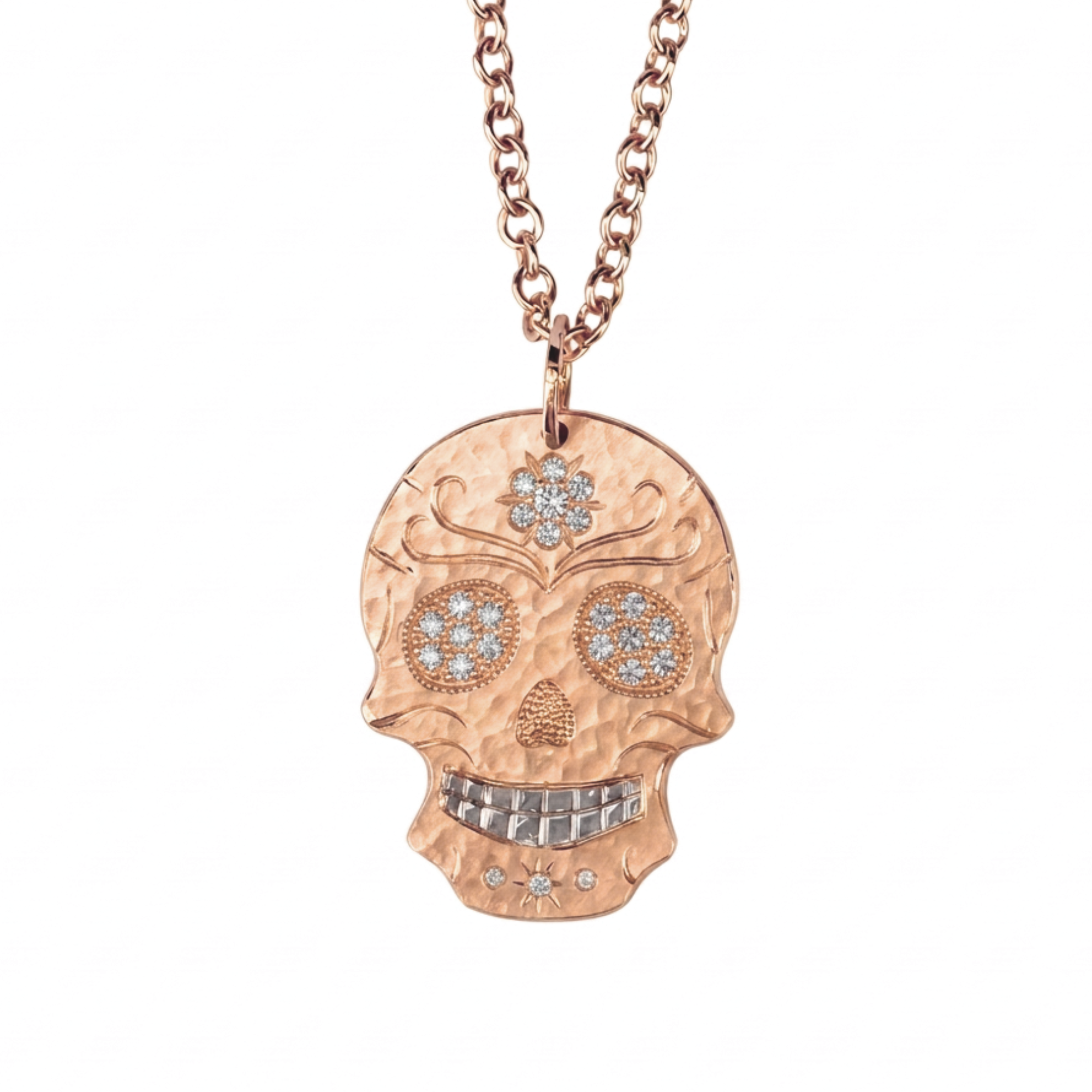 White Diamond Hand-Engraved Sugar Skull Pendant | Large | 14K Gold | Style Isabella