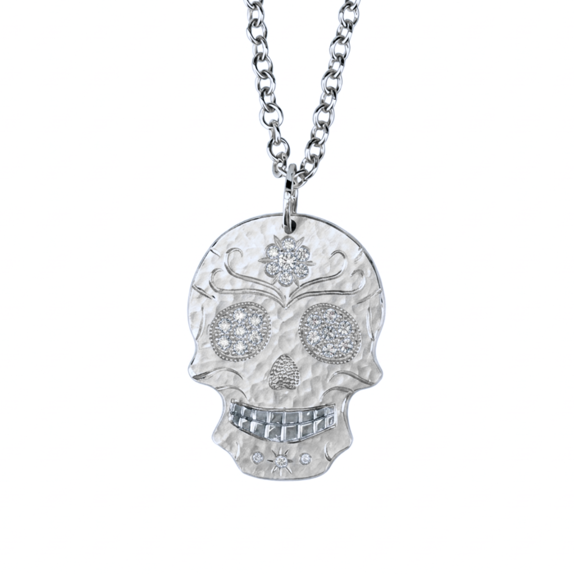 White Diamond Hand-Engraved Sugar Skull Pendant | Large | 14K Gold | Style Isabella