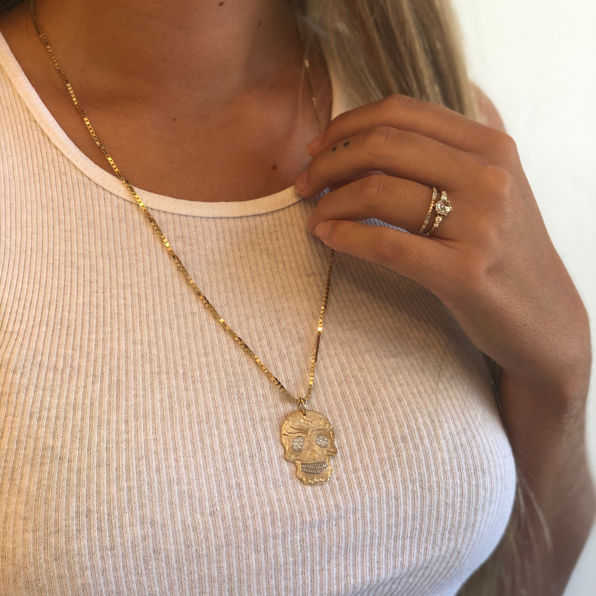 White Diamond Hand-Engraved Sugar Skull Pendant | Large | 14K Gold | Style Isabella