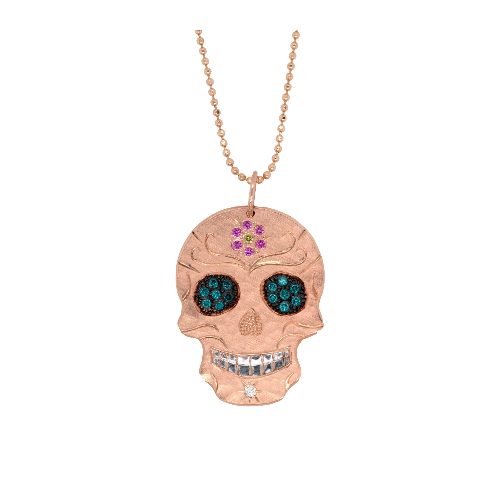 Diamond Eyes & Gemstone Flower Sugar Skull Pendant | Customizable | Medium | 14K Gold | Style Paloma
