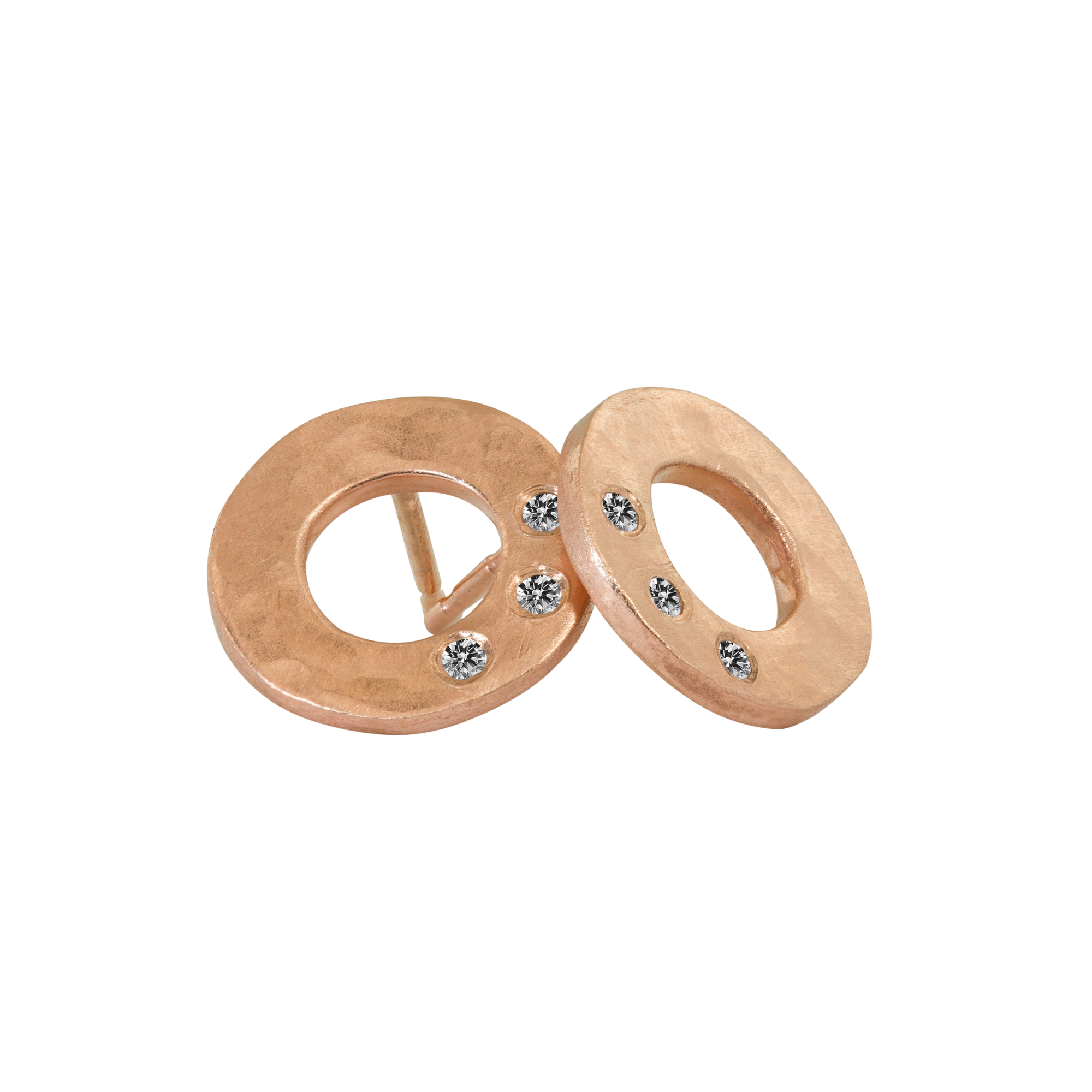 14k rose gold open circle hammered earrings with white diamonds on white background