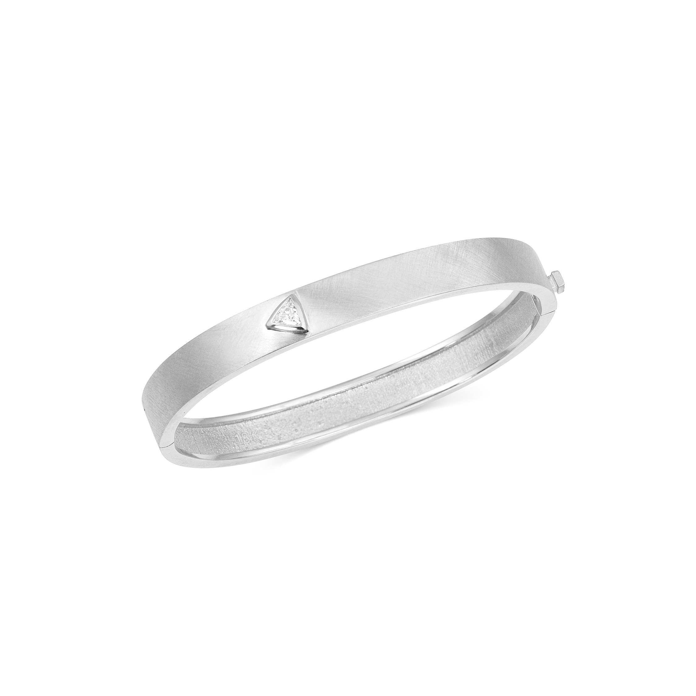 18k white gold hinged bangle bracelet with triangle trillion cut white diamond on white background