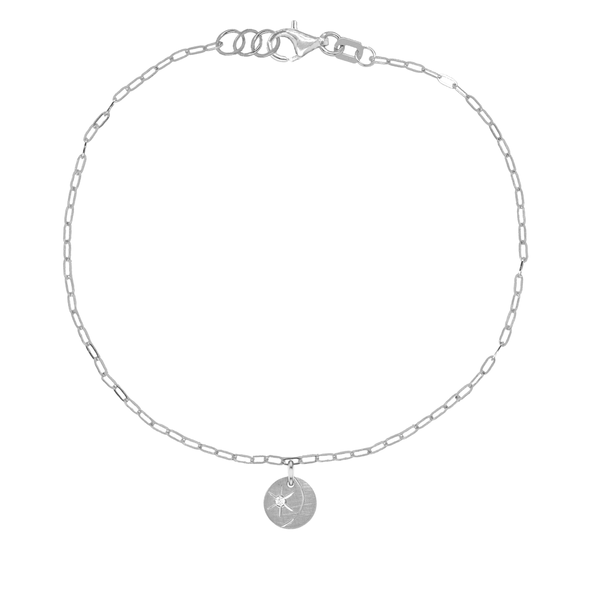 14k white gold teeny tiny disc charm with hand etched moon and white diamond starburst on paperclip link chain on white background